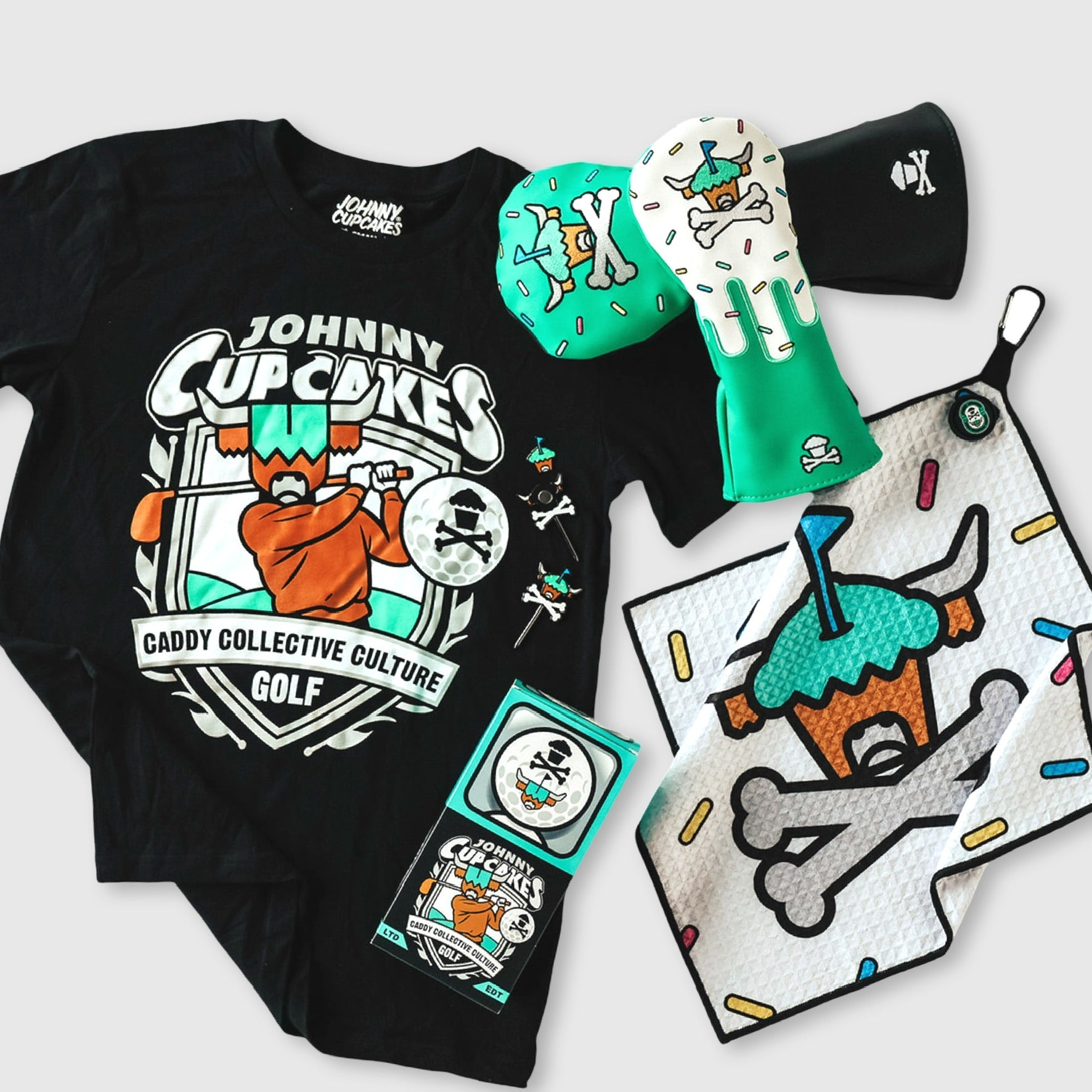 Full collection of Johnny Cupcakes x Caddy Collective Culture premium golf accessories collaboration