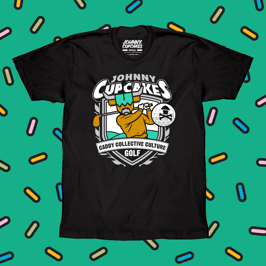 Johnny Cupcakes x Caddy Collective Culture black t-shirt featuring Looper swinging a golf club inside a custom crest with sprinkles background