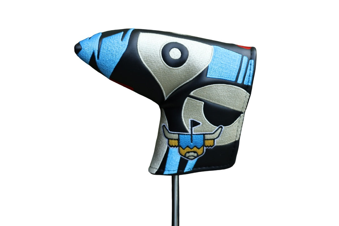 Golf club head cover with blue and black design on a white background