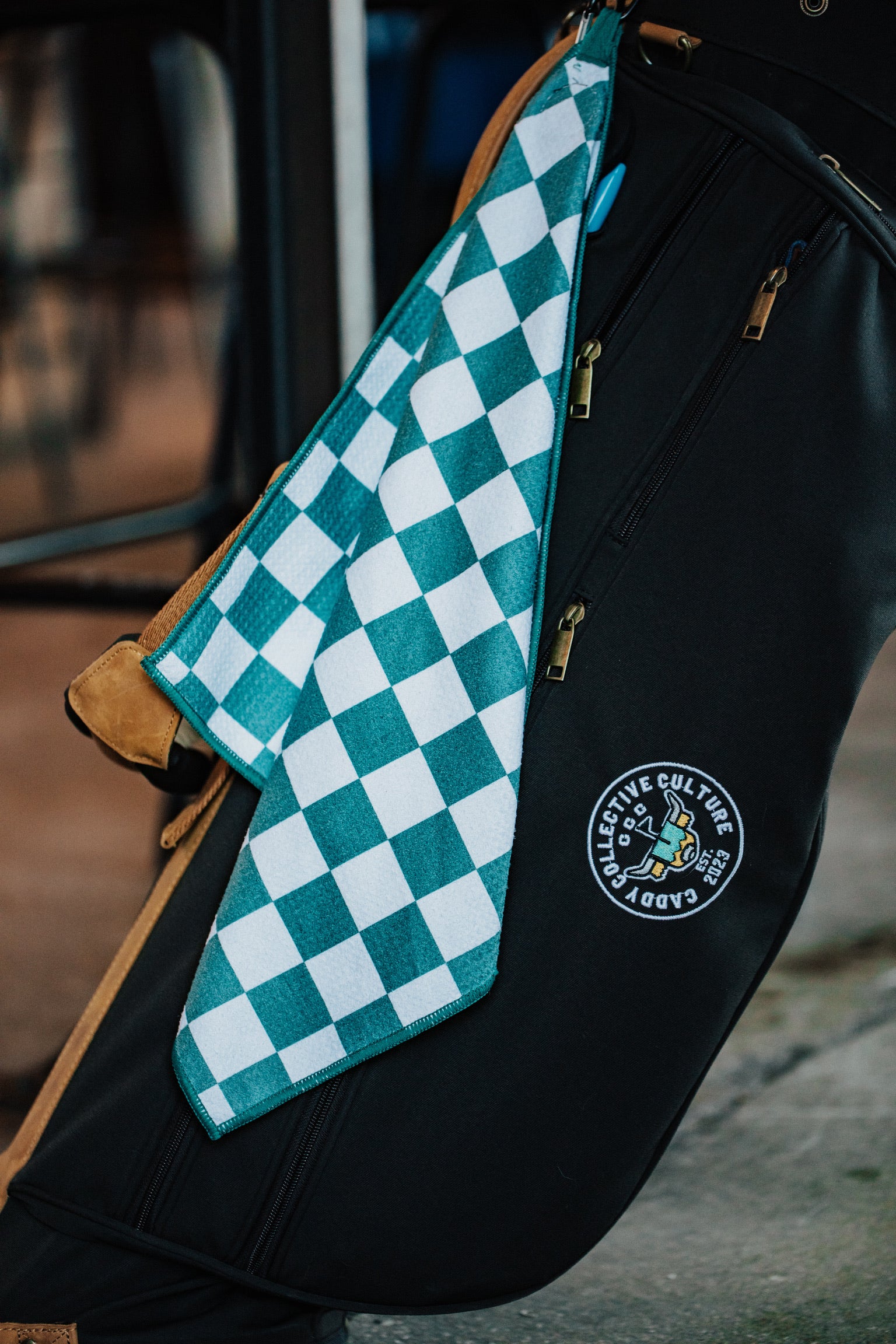Premium microfiber golf towel with green and white checker pattern by Caddy Collective Culture