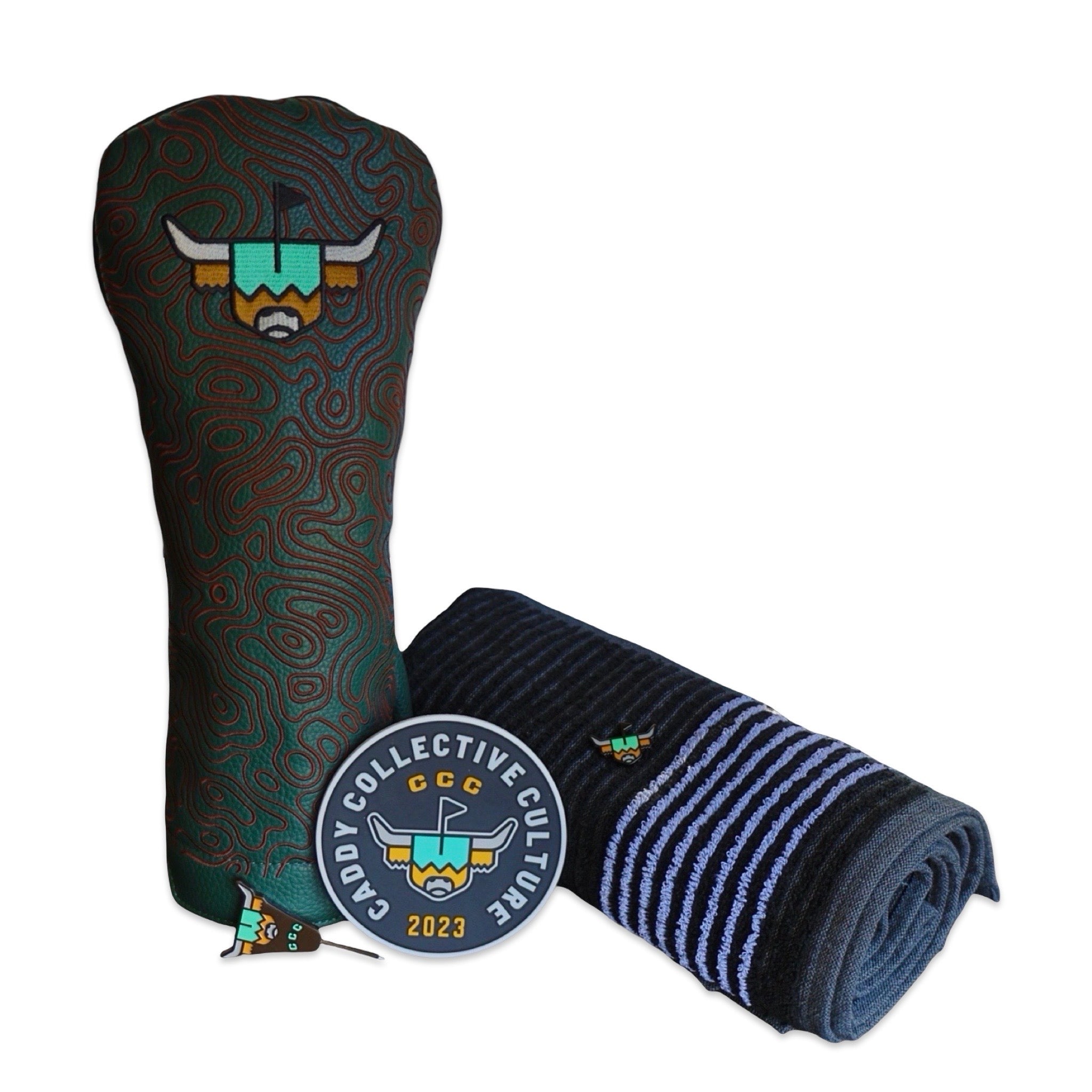 Looper’s Field Kit by Caddy Collective Culture featuring green topographic driver headcover, black striped caddy towel, practice disc, ball marker and divot tool.