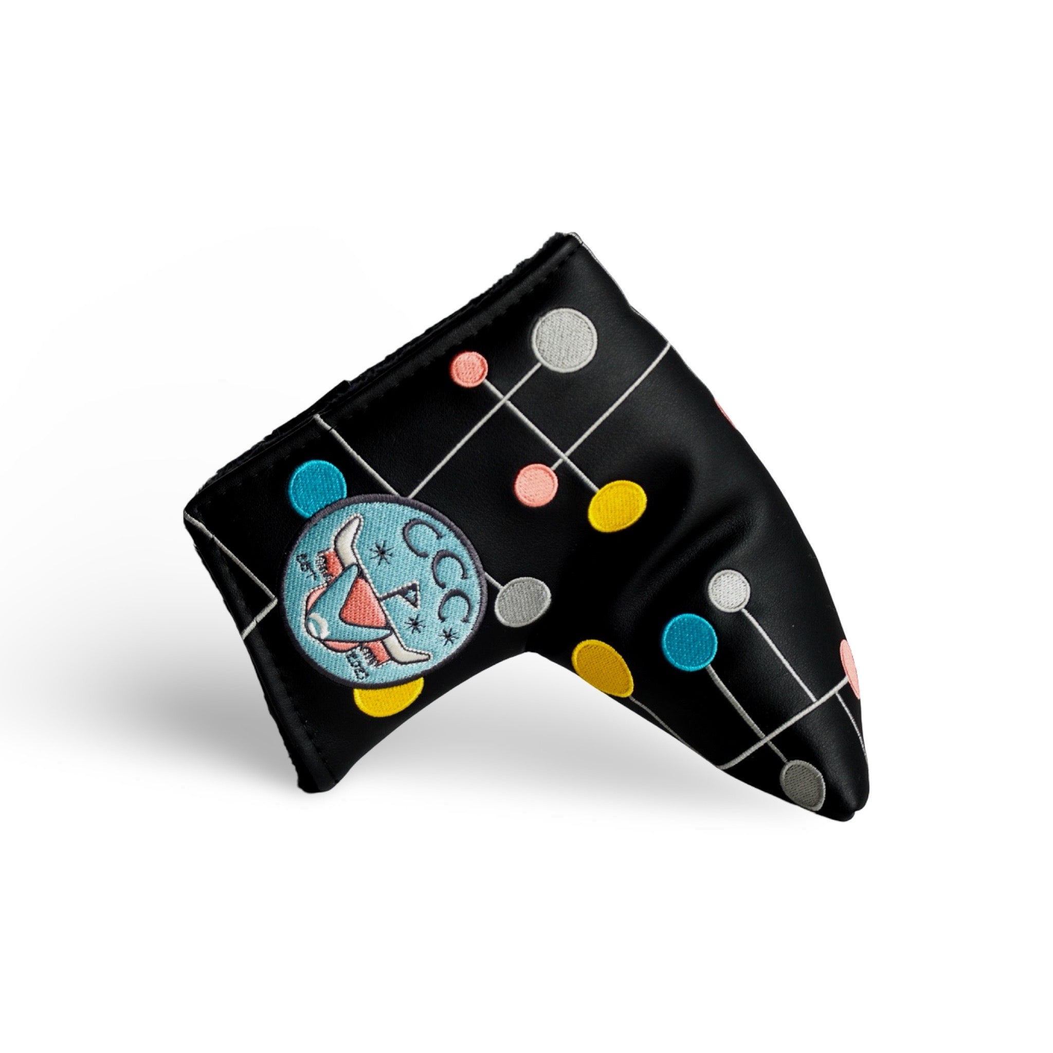 Atomic Era blade putter headcover by Caddy Collective Culture with black leather and mid-century atomic pattern