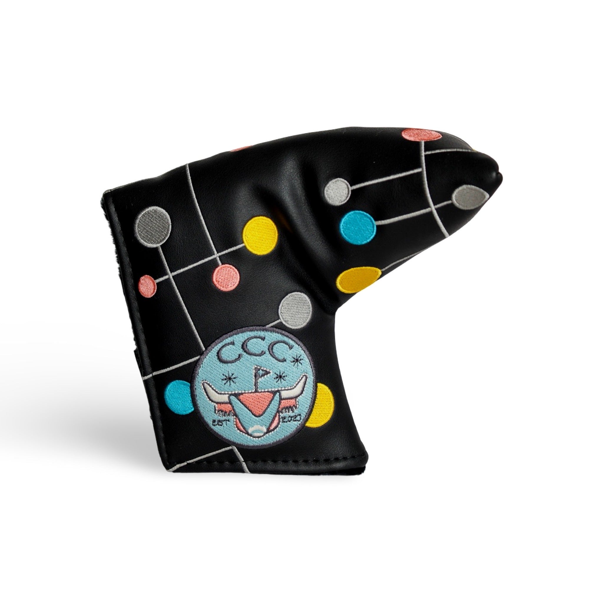 Atomic Era blade putter headcover with embroidered CCC logo and retro atomic pattern on black leather