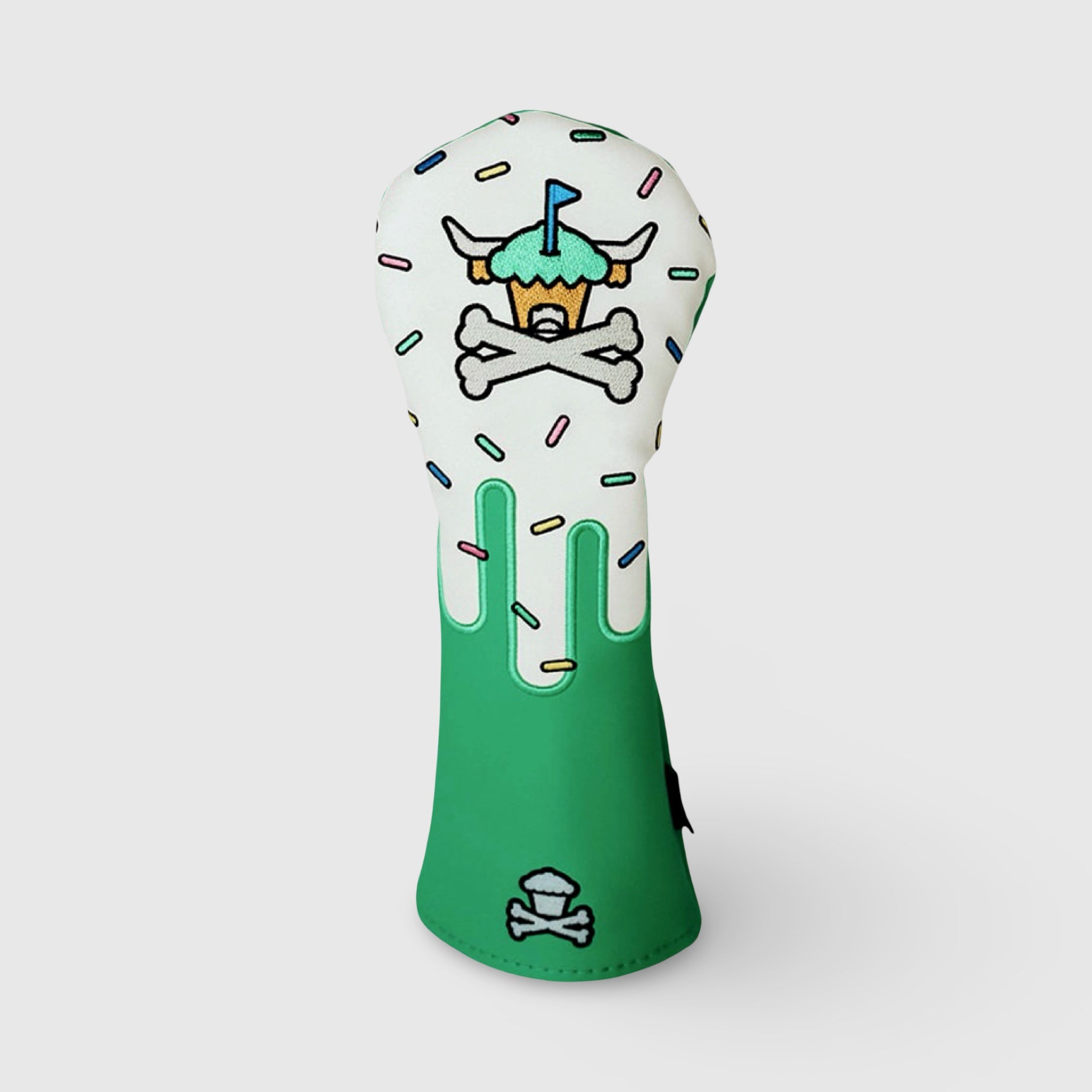 Confetti Looper hybrid golf headcover with cupcake skull and sprinkles design, front view