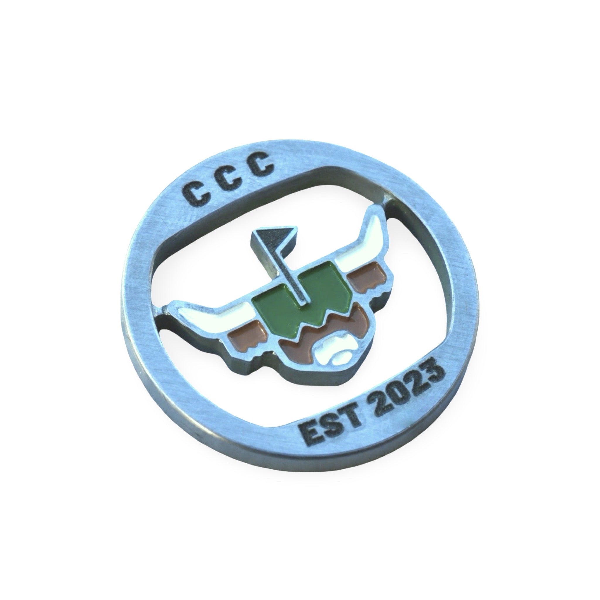 First Cut CCC Mark ball marker with brushed metal ring and enamel Looper logo by Caddy Collective Culture