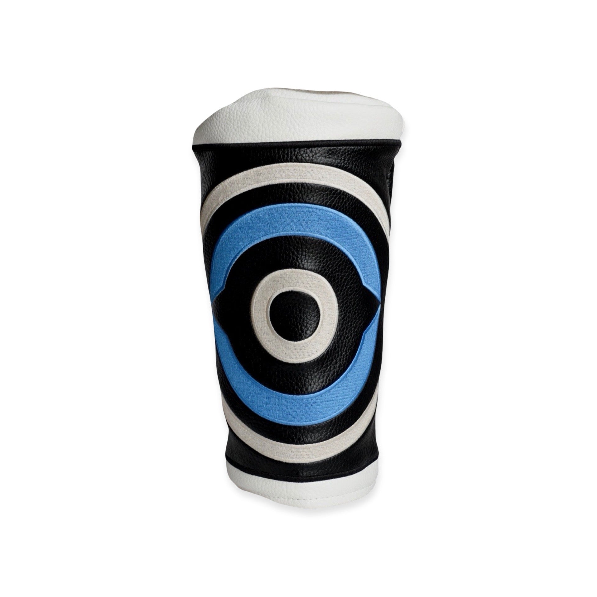 Fore Eye leather driver headcover with black and white leather and blue circular design by Caddy Collective Culture