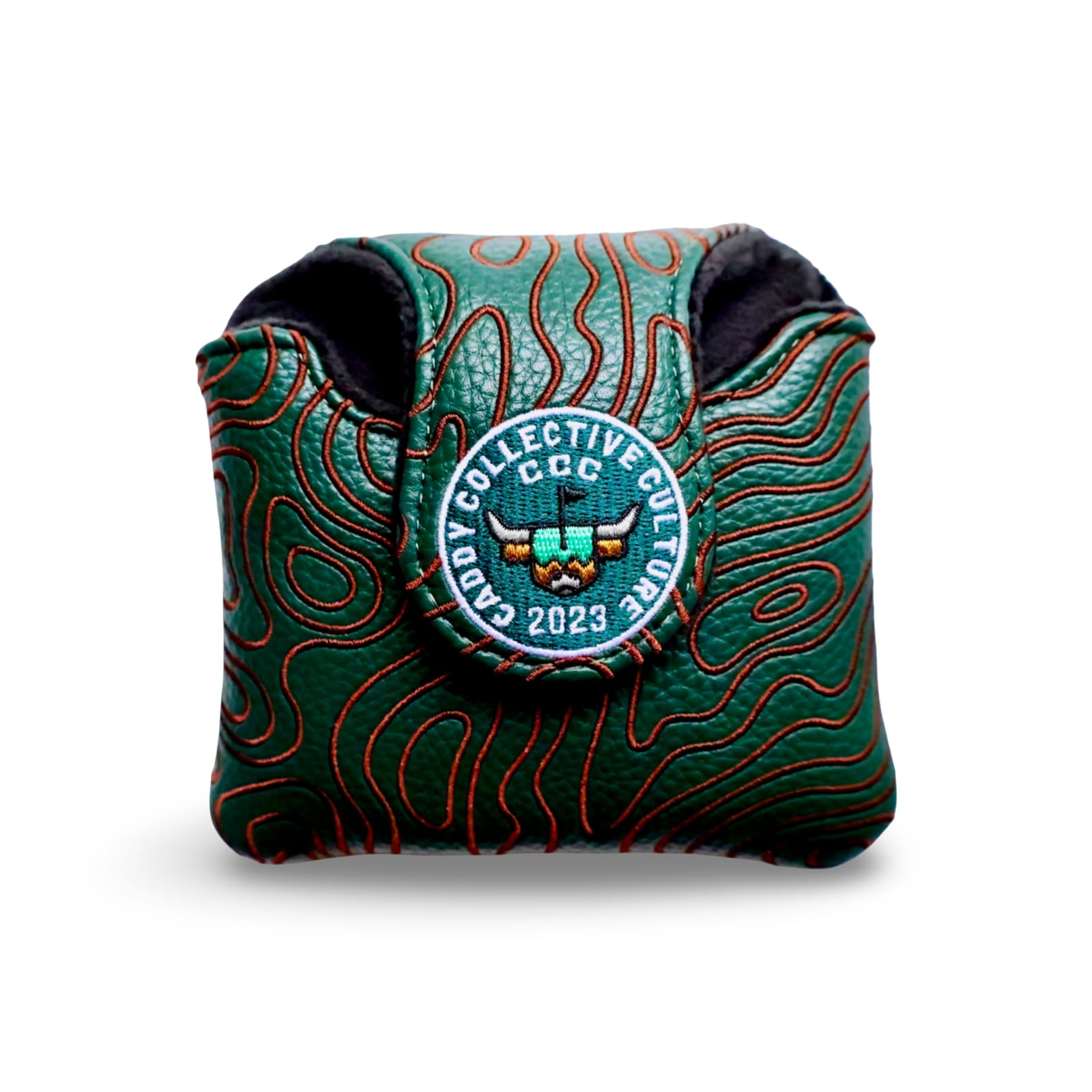 Back of green topography mallet headcover featuring CCC 2023 round patch with Looper logo