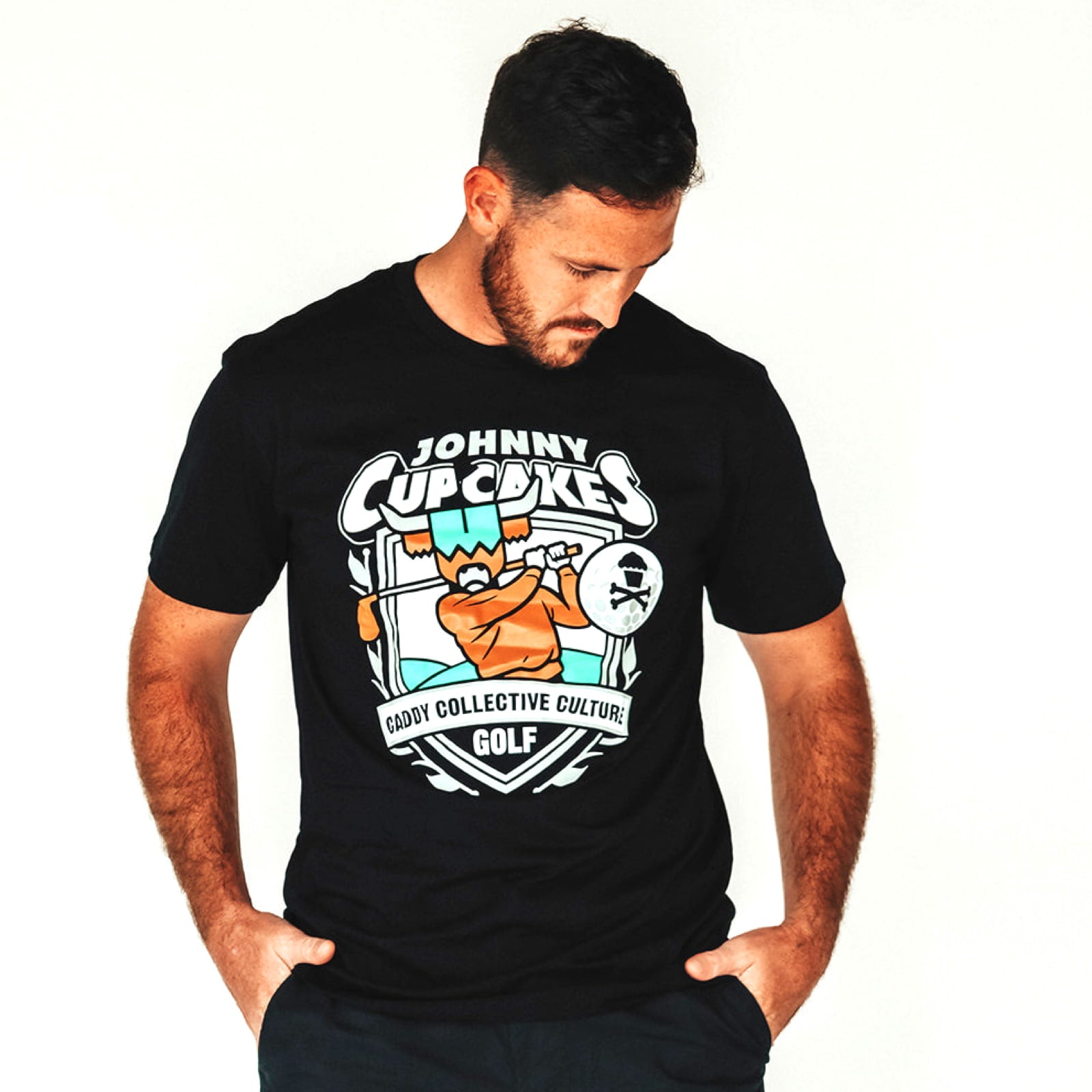 Johnny Cupcakes x CCC golf T-shirt with golfer graphic, full front view