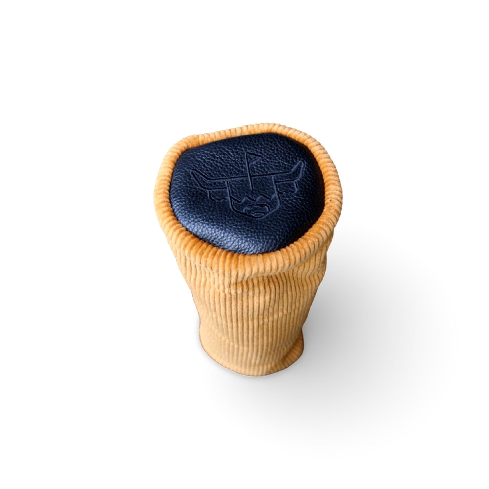 Corduroy Barrel Fairway Wood Headcover with mustard corduroy and charcoal leather top panel isolated on a white background.