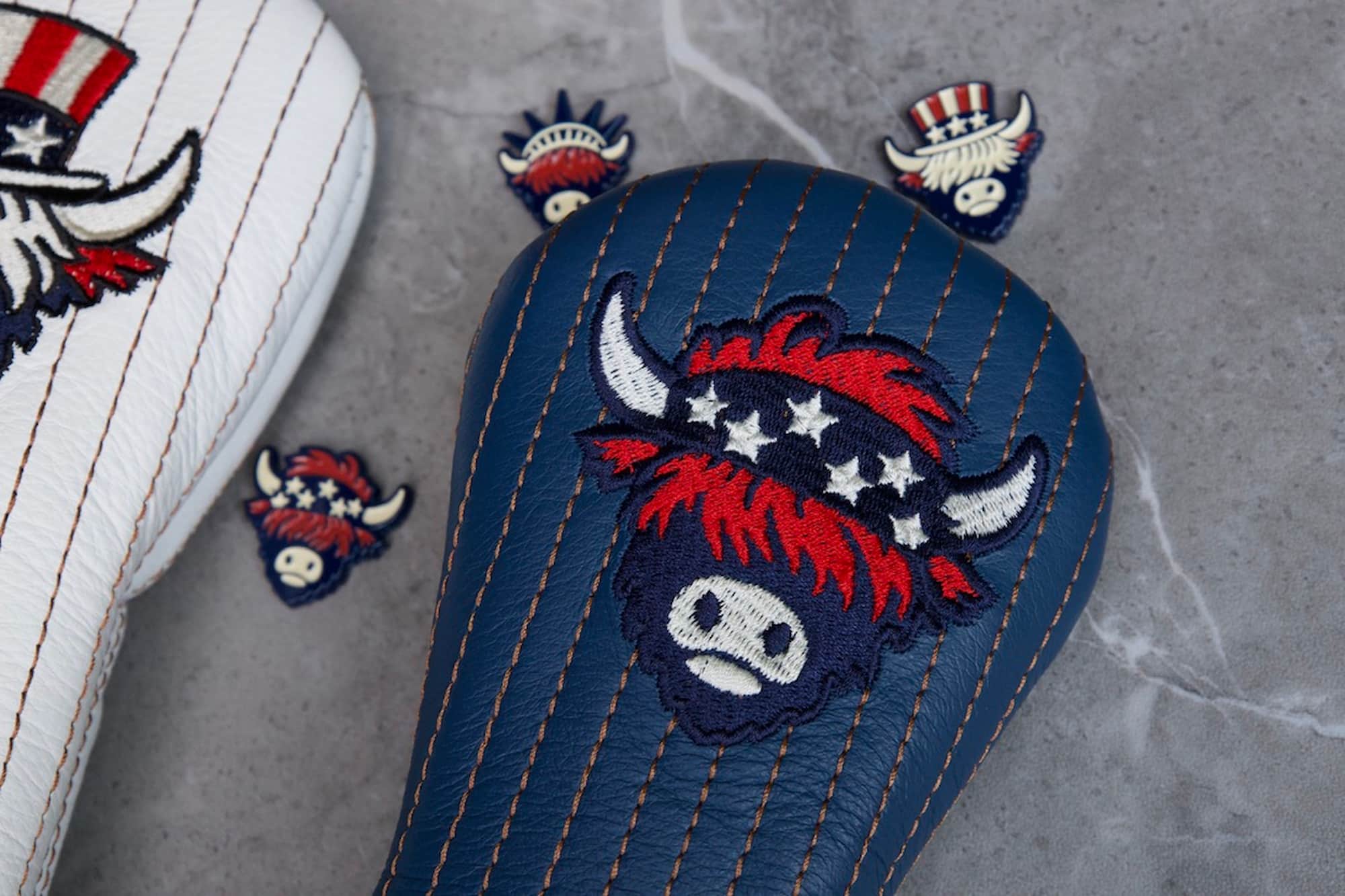 Founders Collection leather golf headcover featuring Looper the Highland cow in a patriotic Americana design by Caddy Collective Culture