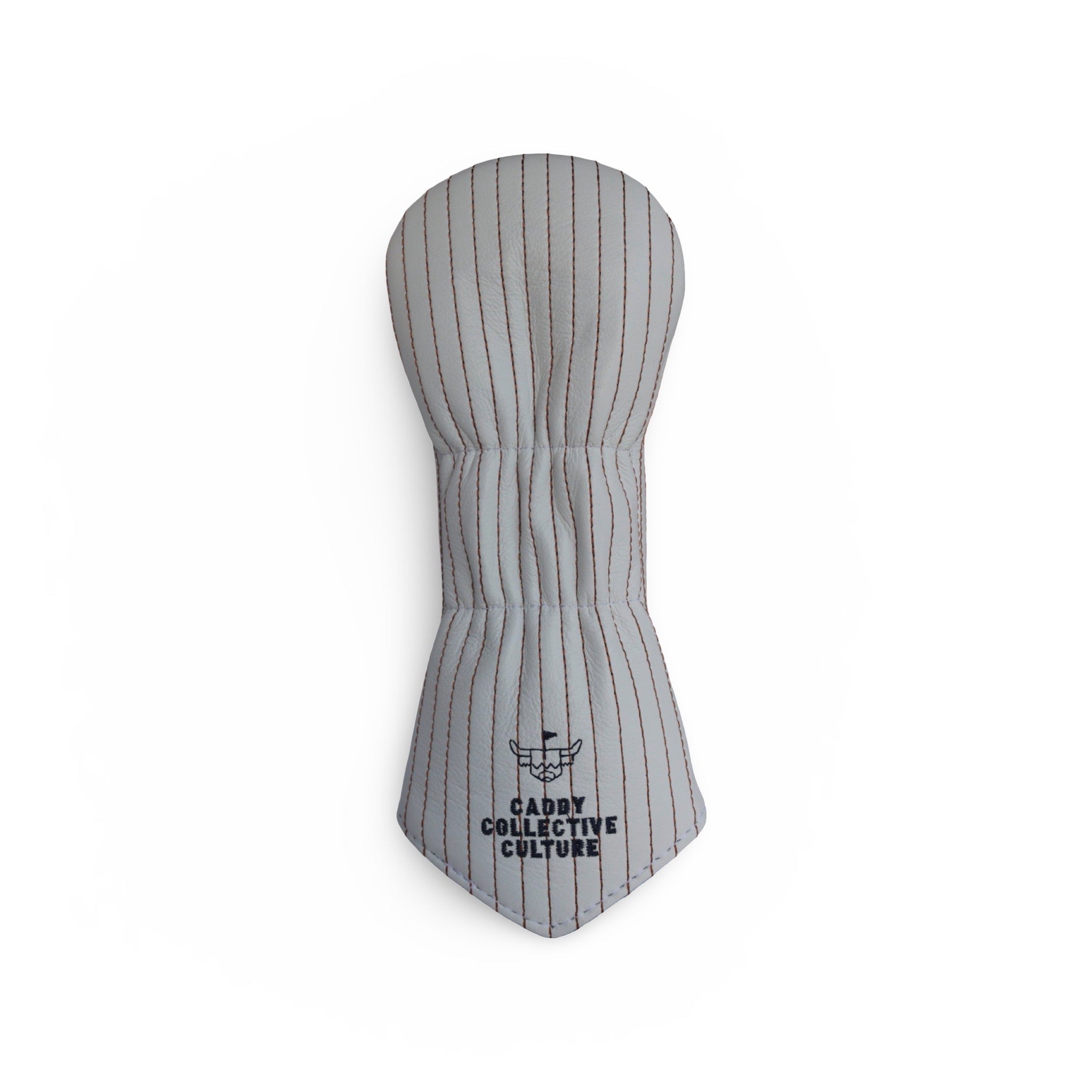 Back view of The Founder Fairway Wood Headcover with vertical pinstripe stitching and Caddy Collective Culture embroidery.