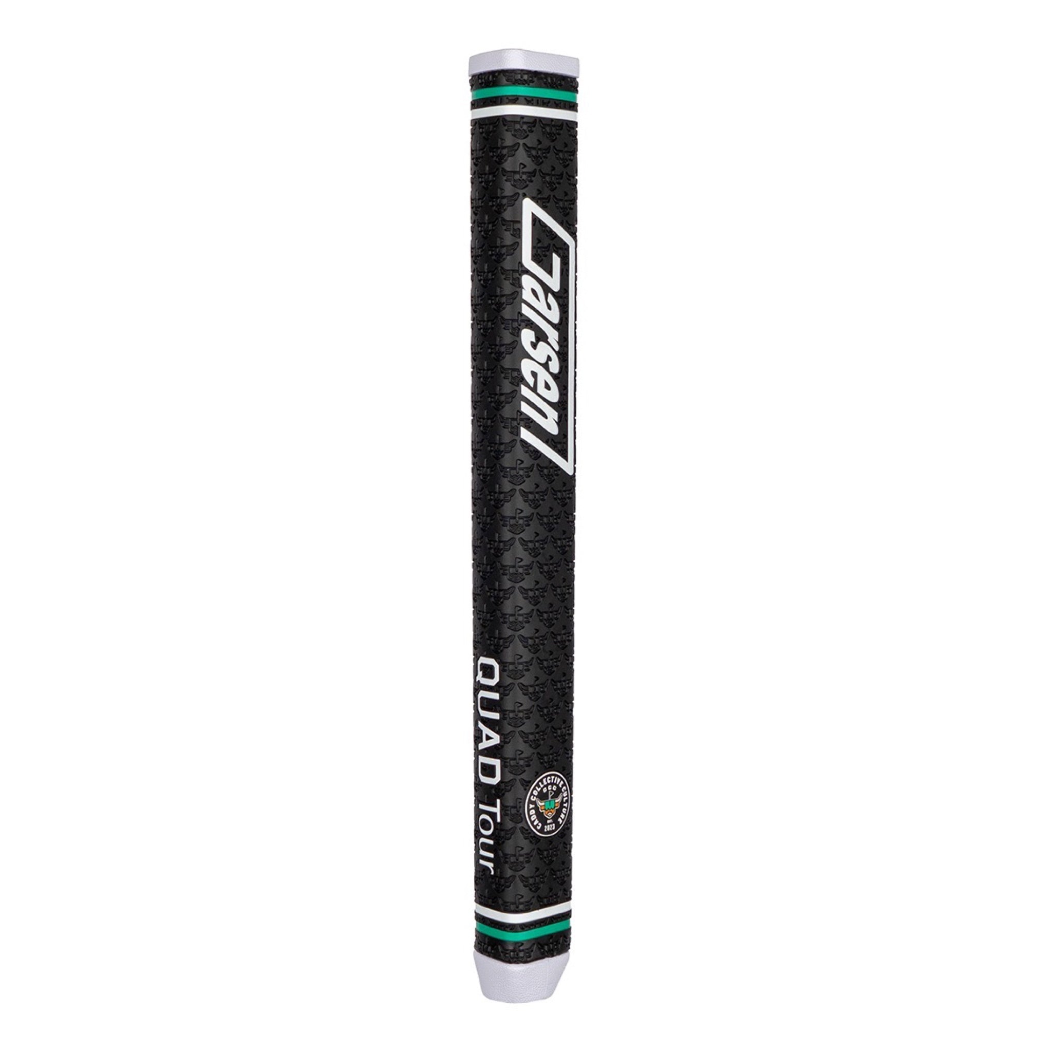 Angled product view of a black Garsen QUAD Tour putter grip with a large white Garsen logo, Caddy Collective Culture badge, embossed texture, green accent rings, and white end caps.