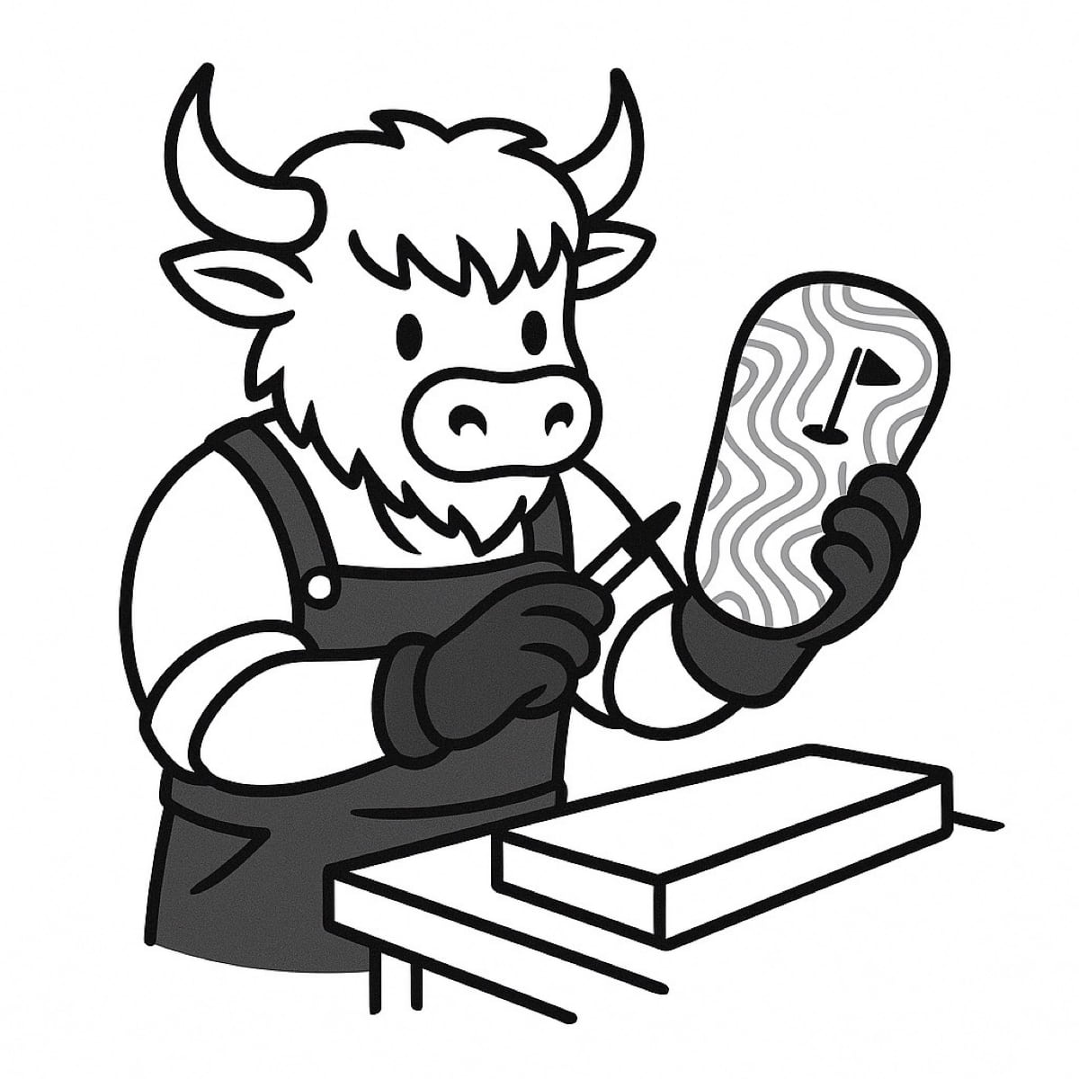 Looper customizing a golf headcover at a workbench with gloves and apron.