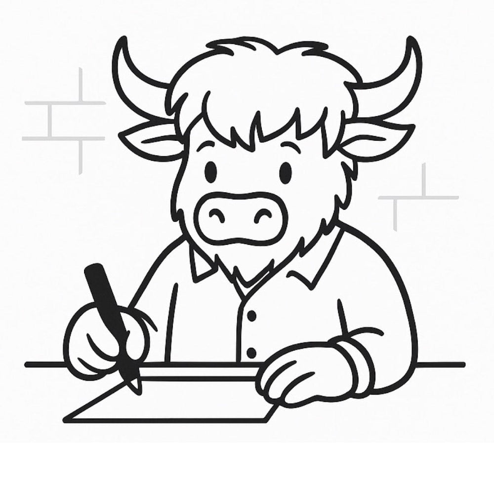 Looper the Highland cow sketching on paper, beginning the custom design process.