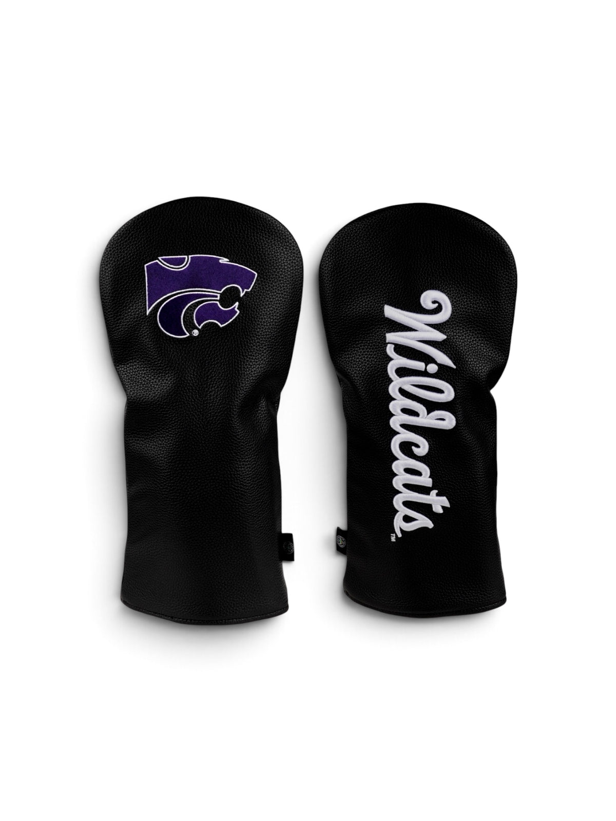 Both sides of the K-State After Dark driver headcover, featuring a purple Powercat logo and white Wildcats script on black leather.