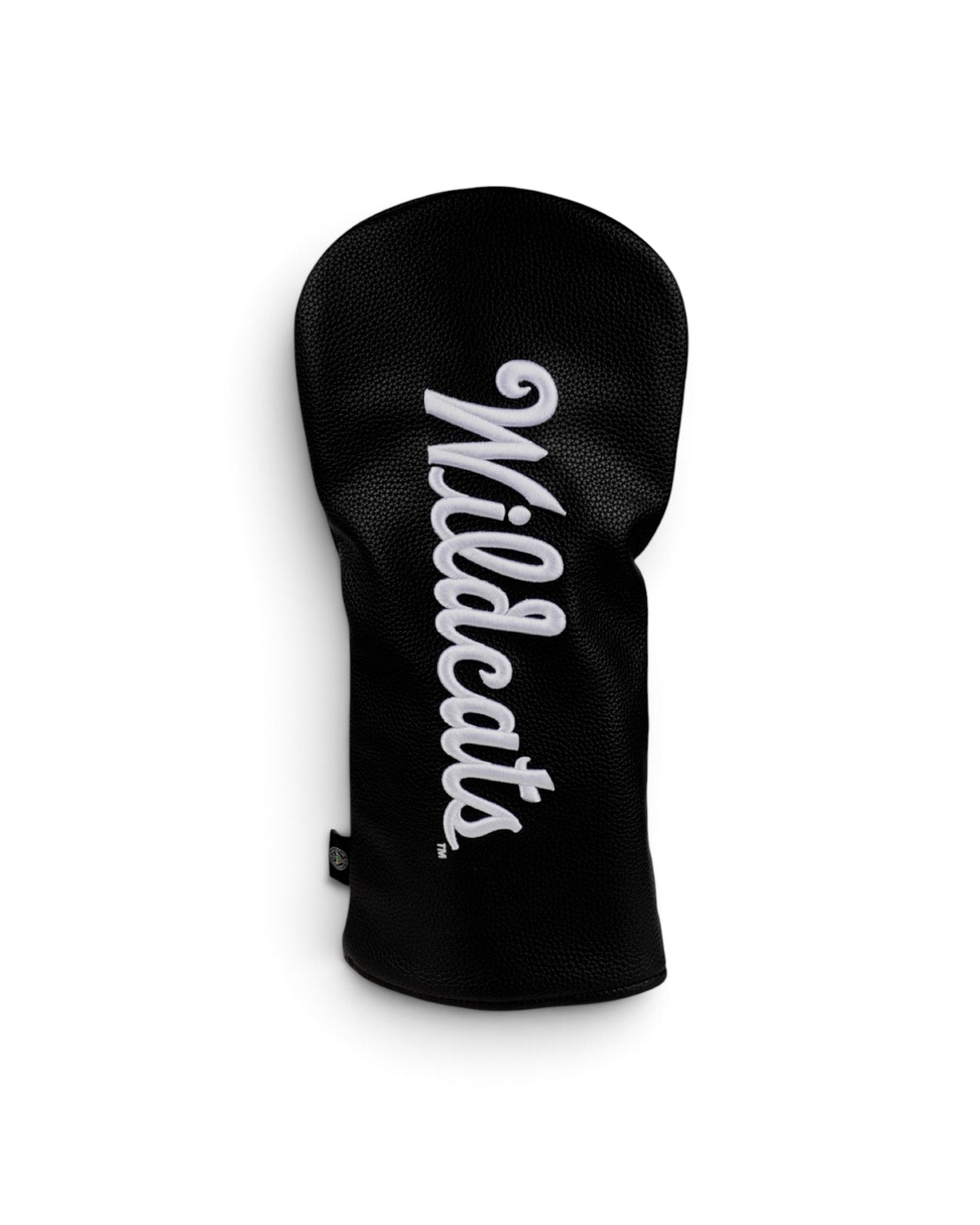 K-State After Dark driver headcover in black pebble leather with raised white 3D Wildcats script embroidery.