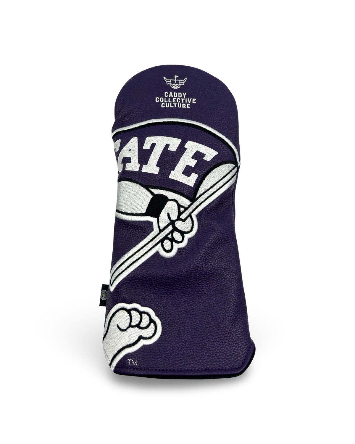 Back of purple Kansas State Wildcat Wrap driver headcover with embroidered golf club artwork and Caddy Collective Culture logo.
