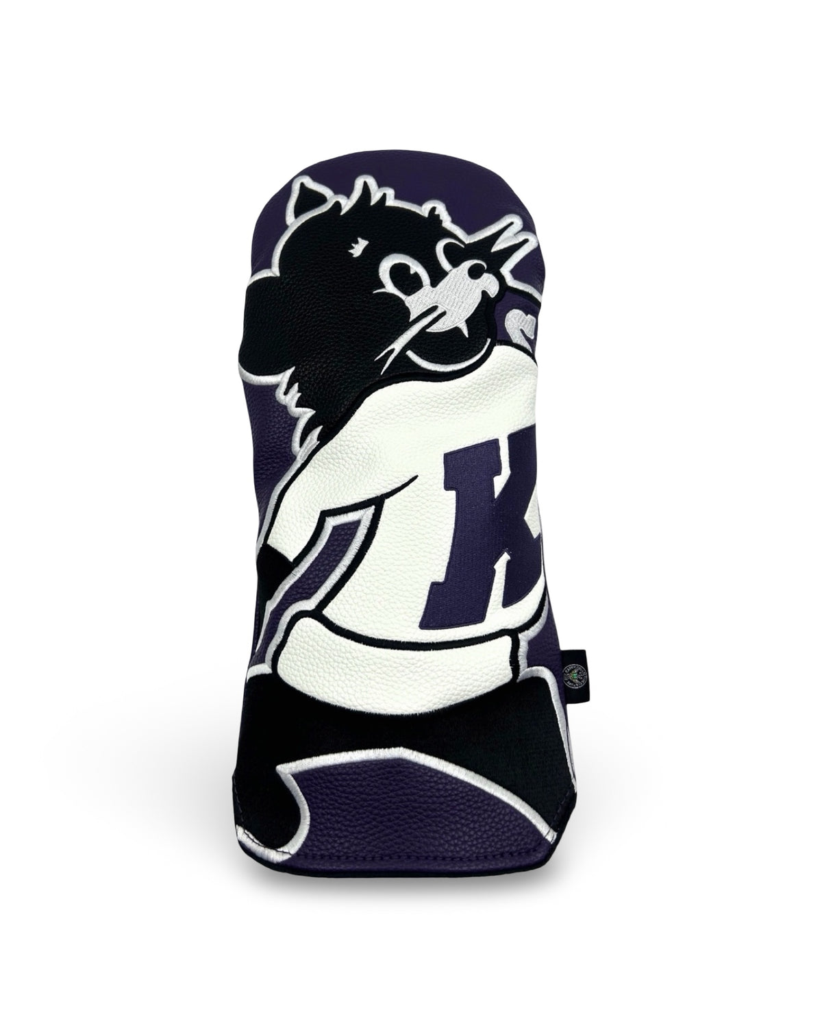 Front of purple Kansas State Wildcat Wrap driver headcover featuring embroidered vintage Wildcat wearing a white K sweater.