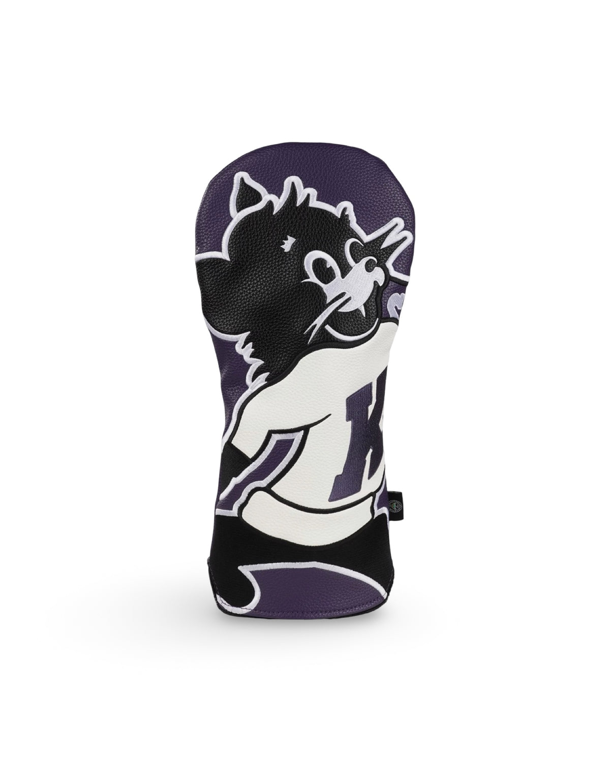 Kansas State Wildcat Wrap driver headcover featuring oversized vintage Willie the Wildcat artwork embroidered in white and black on purple pebble grain leather.