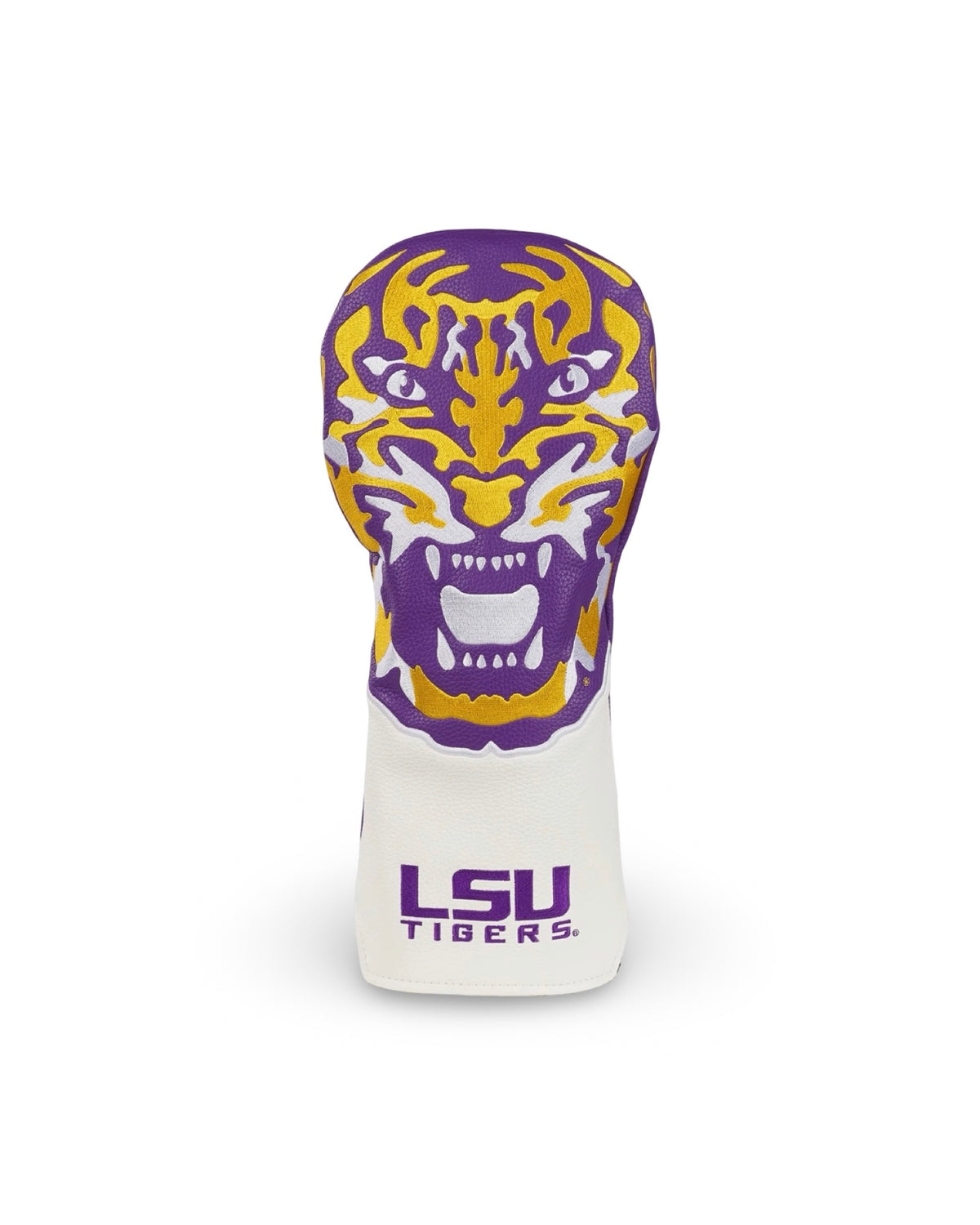 LSU Full Roar driver headcover featuring oversized purple, gold, and white tiger embroidery above the LSU Tigers wordmark.