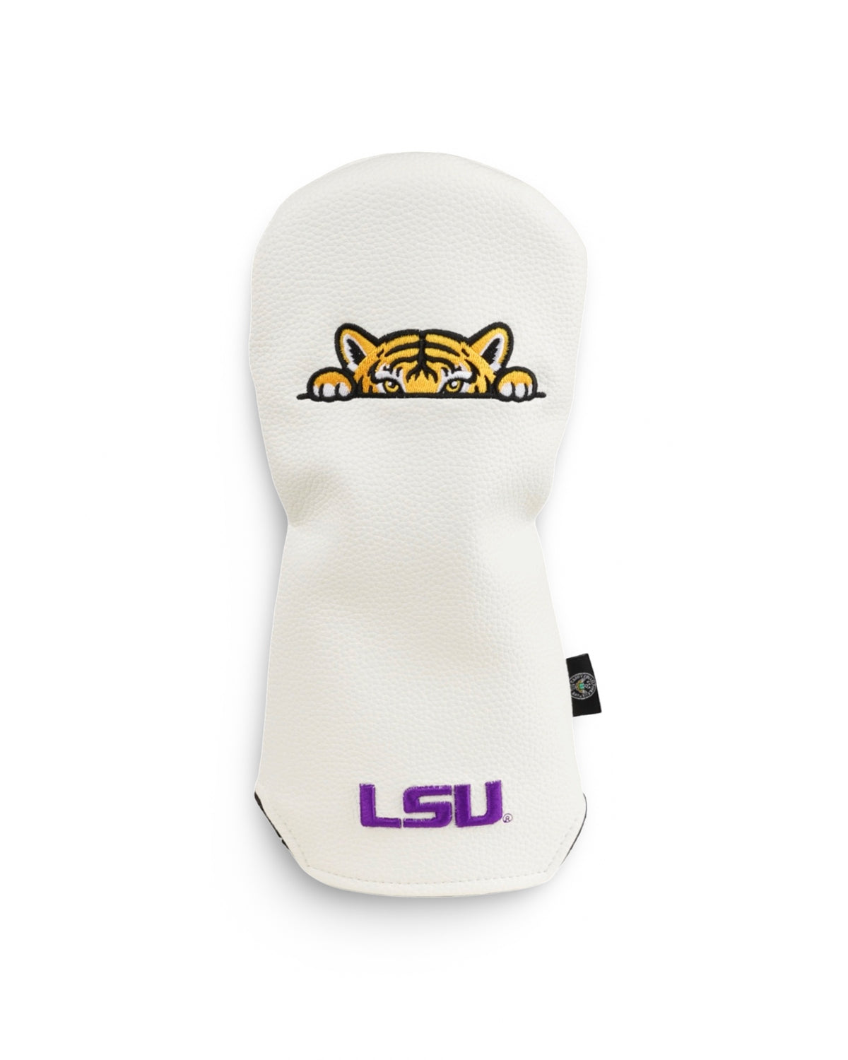 LSU Tiger Watch Fairway Headcover featuring a gold and black embroidered tiger peeking over a line with a purple LSU logo on white pebble grain leather.