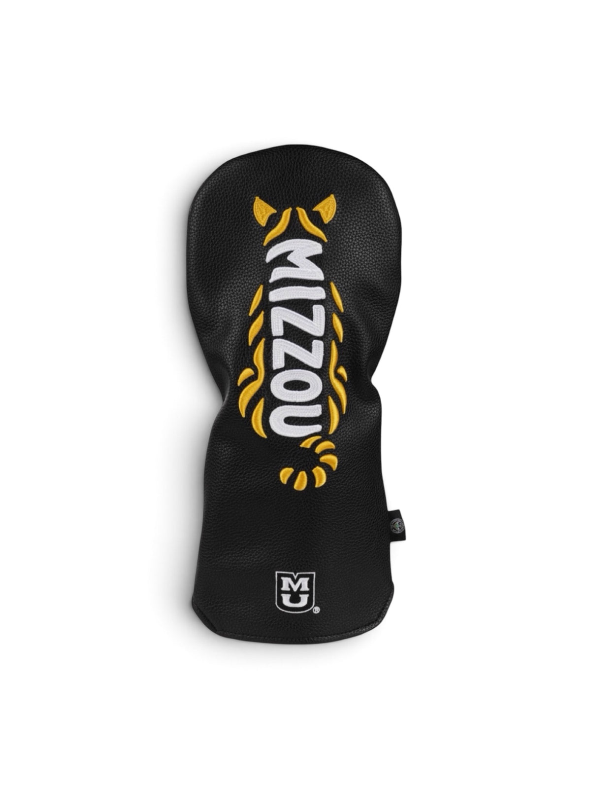 Officially licensed Mizzou Tiger Stripe Driver Headcover featuring black pebble leather, raised gold tiger stripe embroidery, white MIZZOU lettering, and the University of Missouri logo.