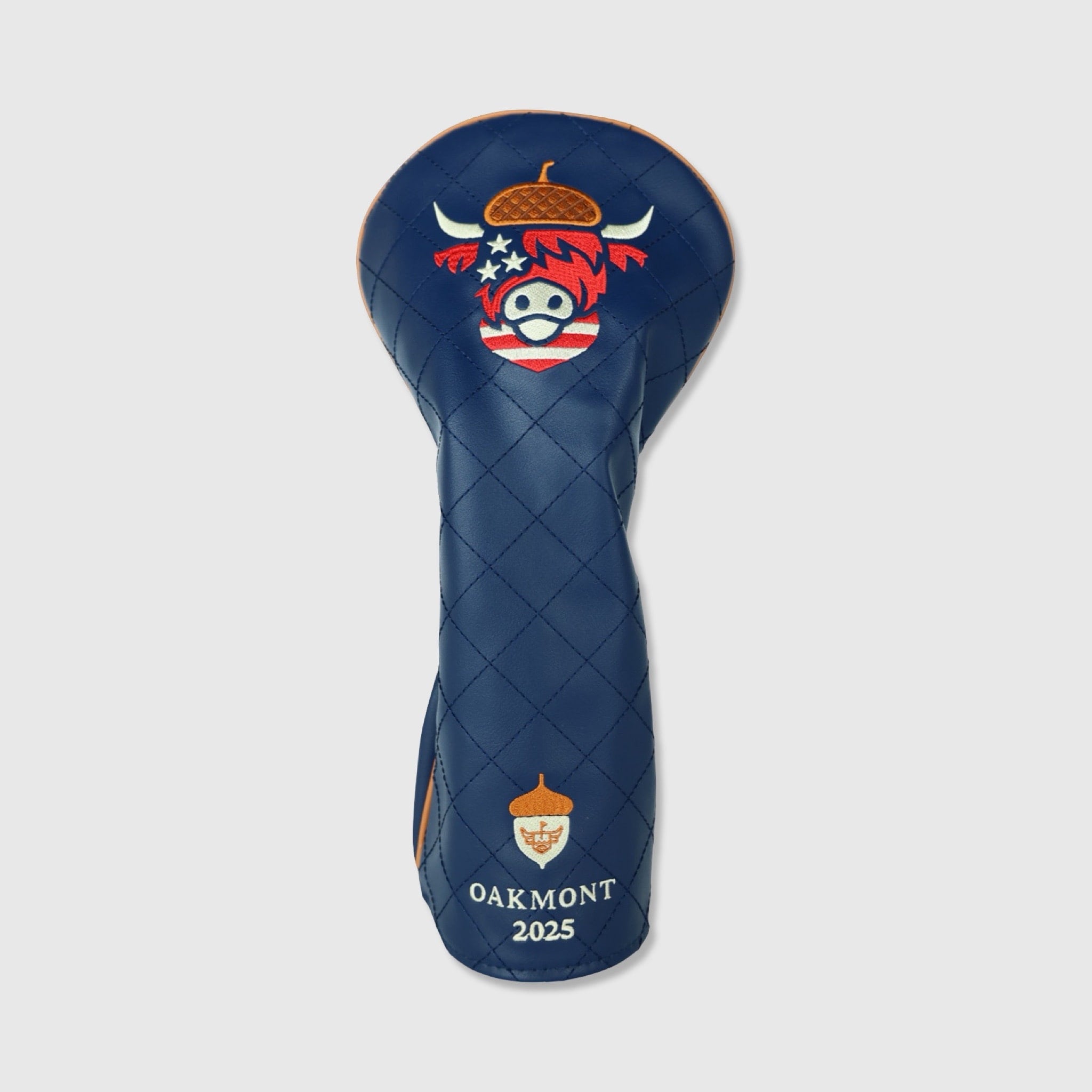 Oakmont 2025 Looper Driver Headcover with patriotic red, white and blue design featuring acorn and Highland cow logo