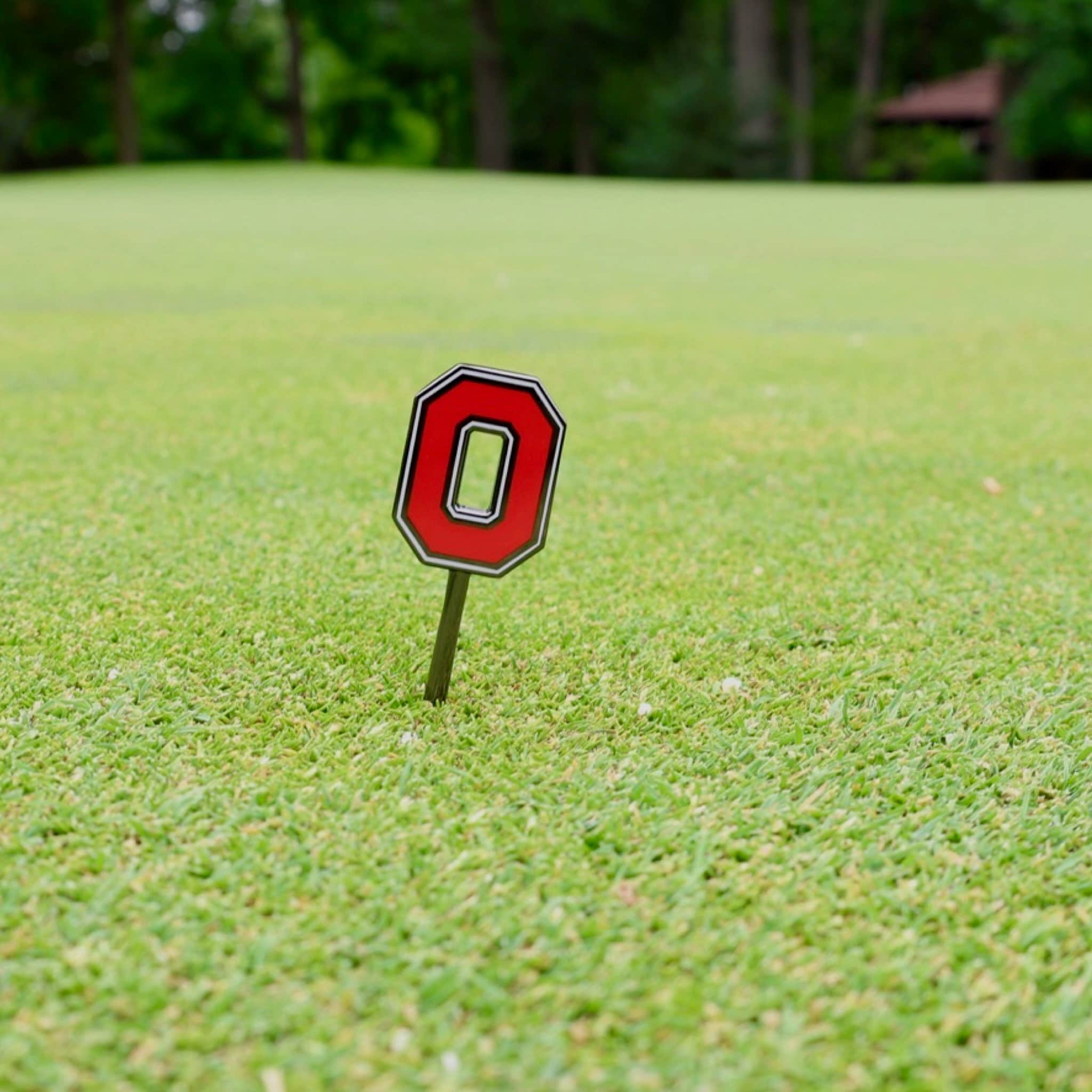 Close-up of Ohio State Block O golf divot tool on a putting green featuring officially licensed Buckeyes branding.