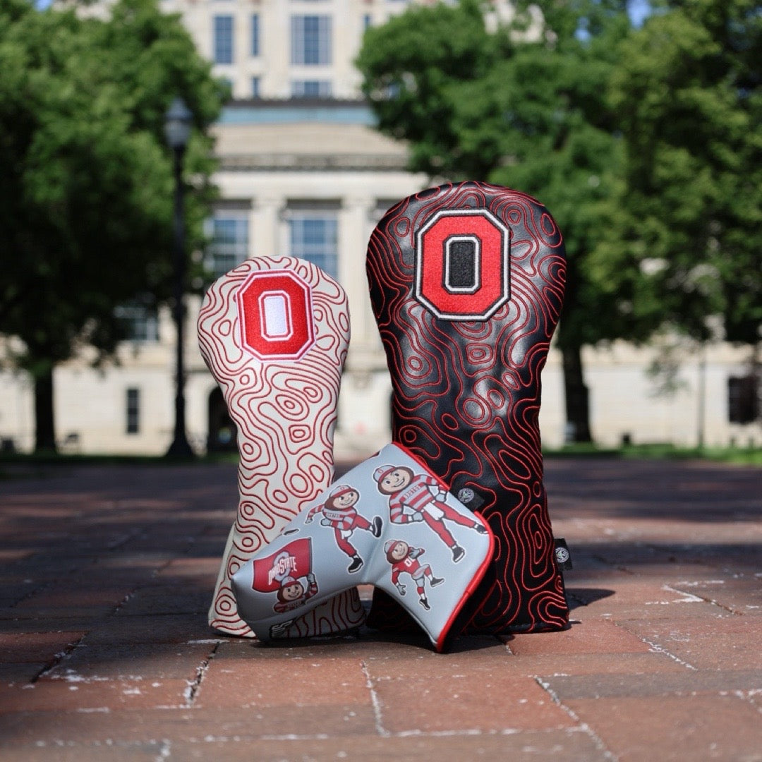 Officially licensed Ohio State golf headcovers and Brutus putter cover photographed on campus