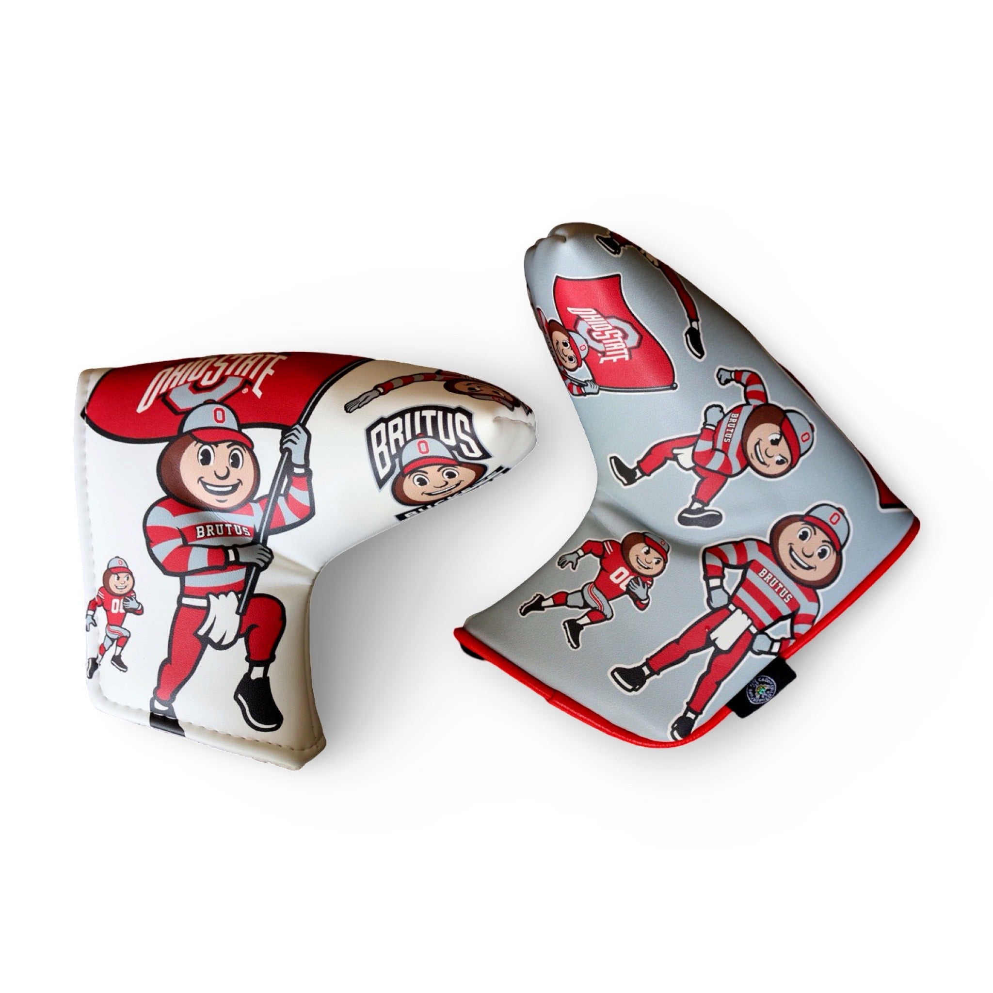 Officially licensed Ohio State Brutus Montage blade putter headcovers featuring multiple Brutus Buckeye mascot illustrations on white and gray designs.