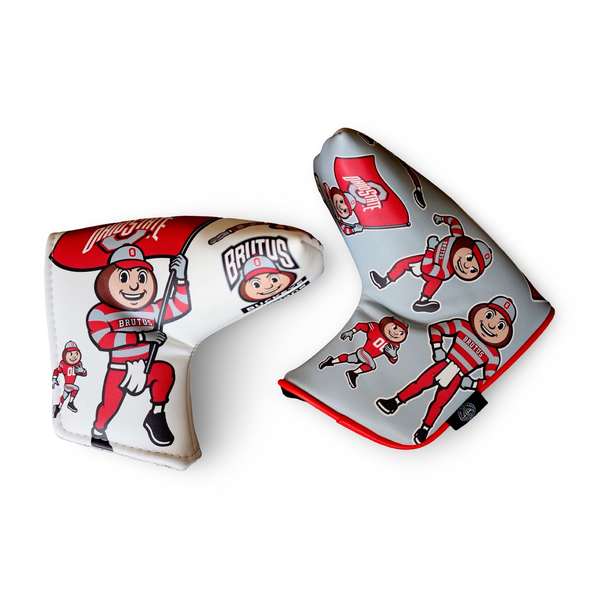 Officially licensed Ohio State Brutus Montage blade putter headcovers in white and gray featuring multiple Brutus Buckeye mascot illustrations.