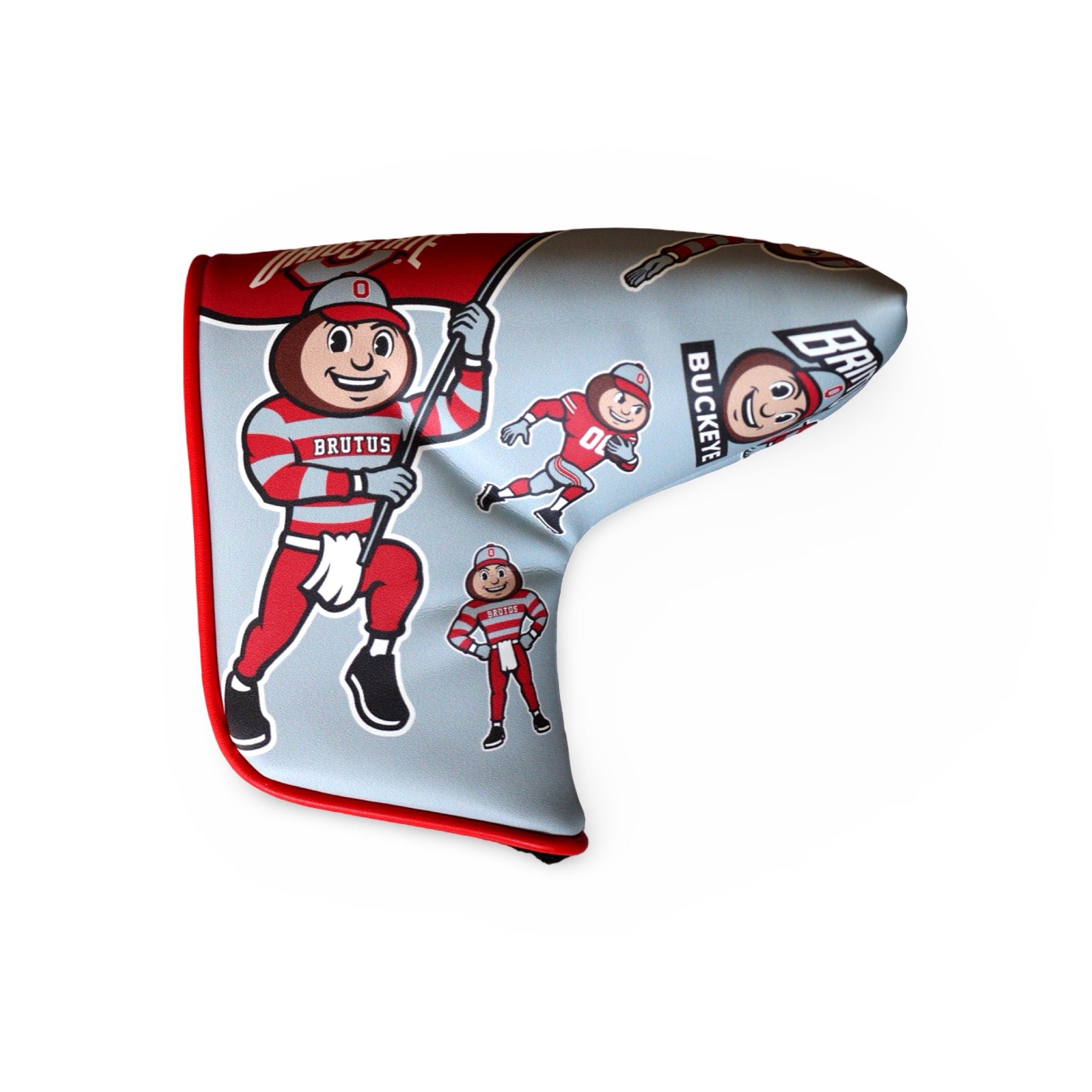 Officially licensed Ohio State gray blade putter headcover featuring Brutus Buckeye montage artwork and multiple mascot illustrations.