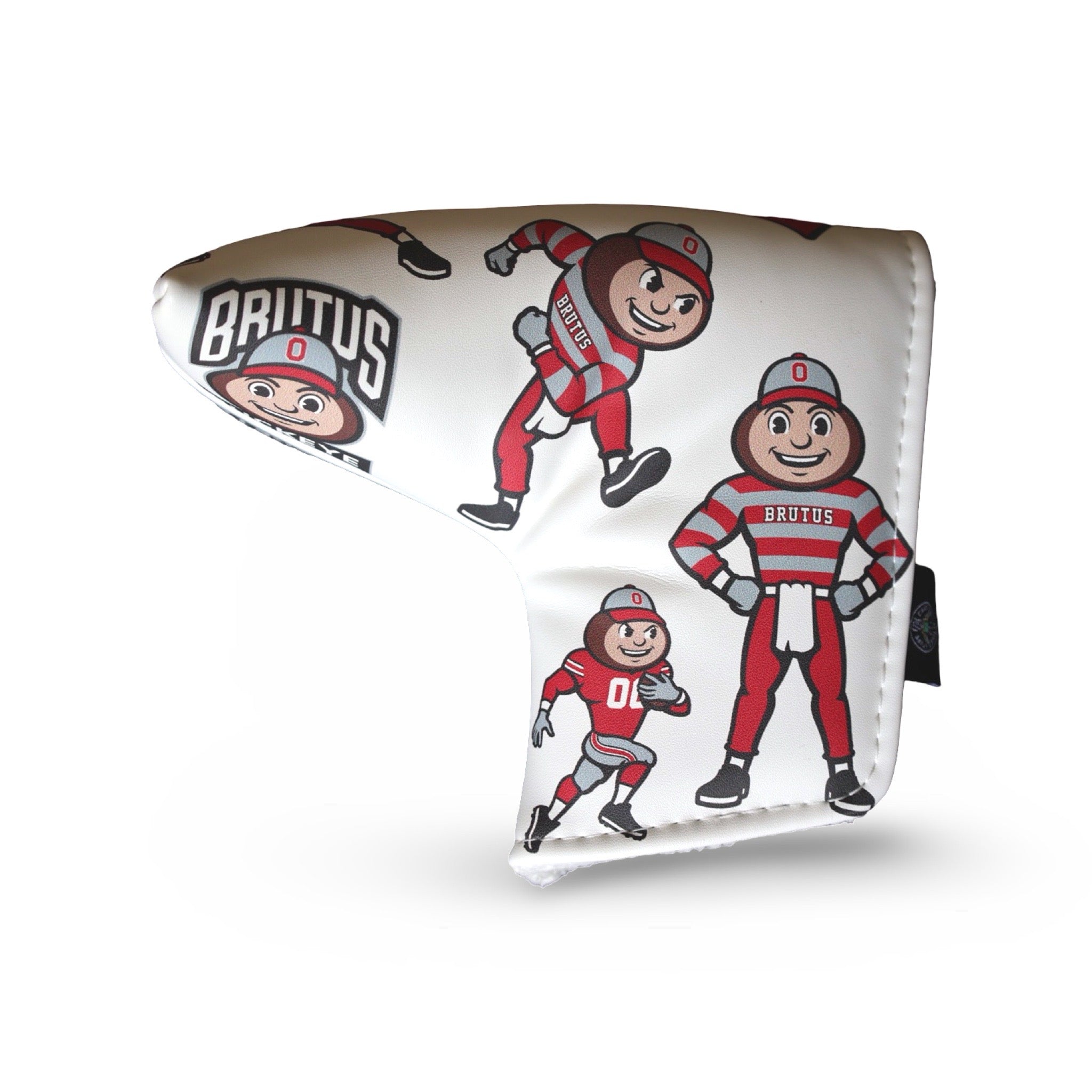 Side view of an officially licensed Ohio State white blade putter headcover featuring multiple Brutus Buckeye mascot illustrations.