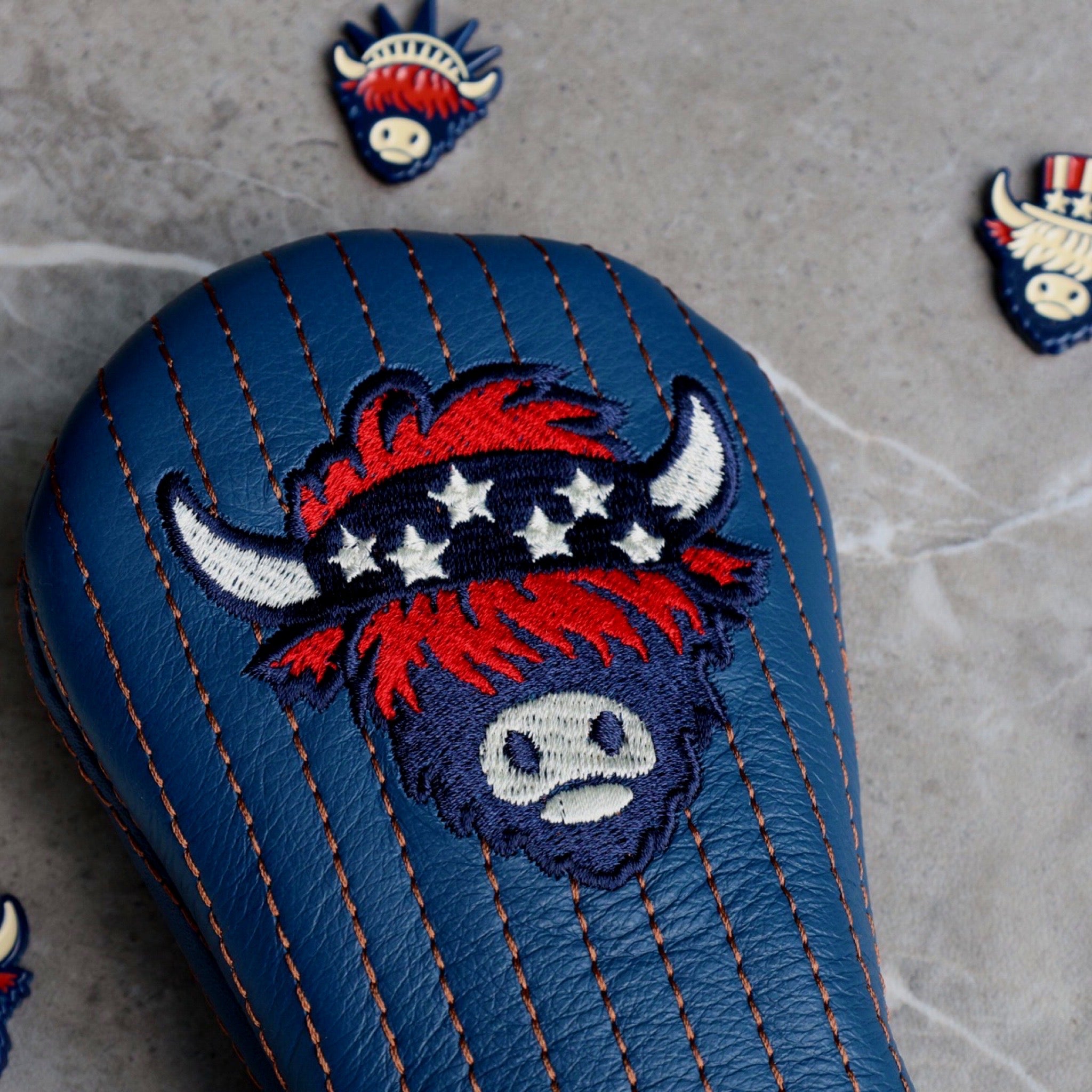 Close-up of Americana Looper embroidery on The Patriot Hybrid Golf Headcover in genuine leather