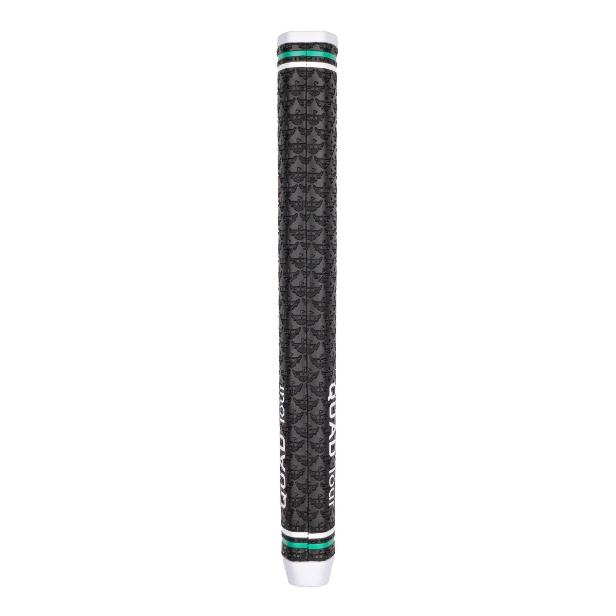 Rear view of a black QUAD Tour putter grip showing the center seam, repeating embossed Caddy logo pattern, green accent rings, and white end caps on a clean white background.