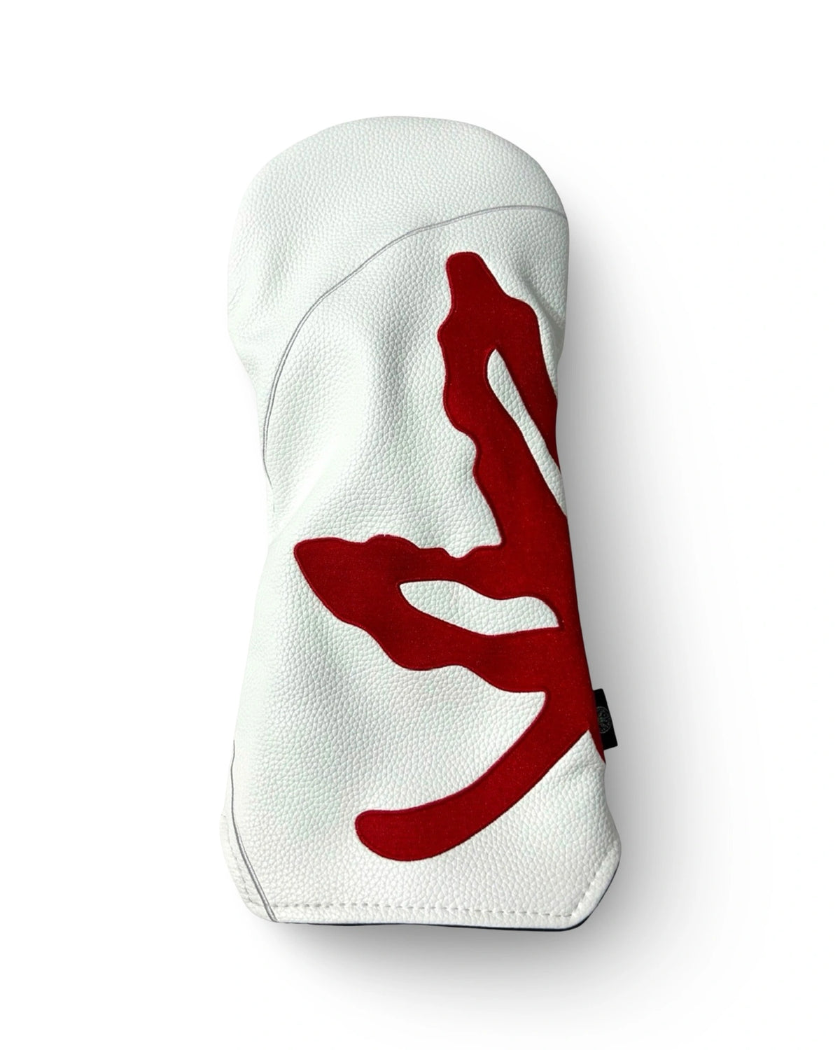 The Scarlet Wrap Ohio State driver headcover in white pebble leather with oversized scarlet helmet decal design