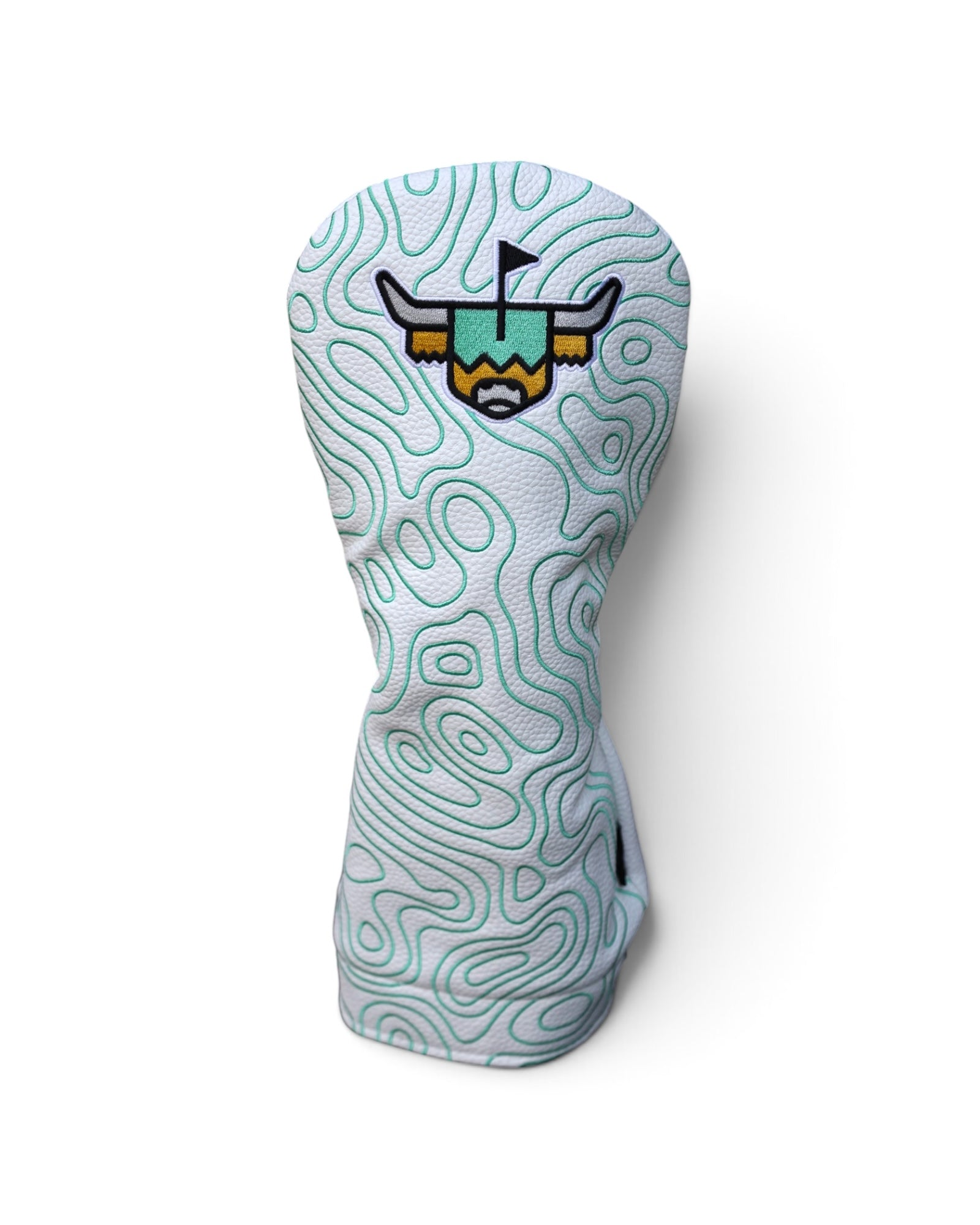 Terrain Driver Headcover in white pebbled grain leather with embroidered green topographic pattern and Looper logo.