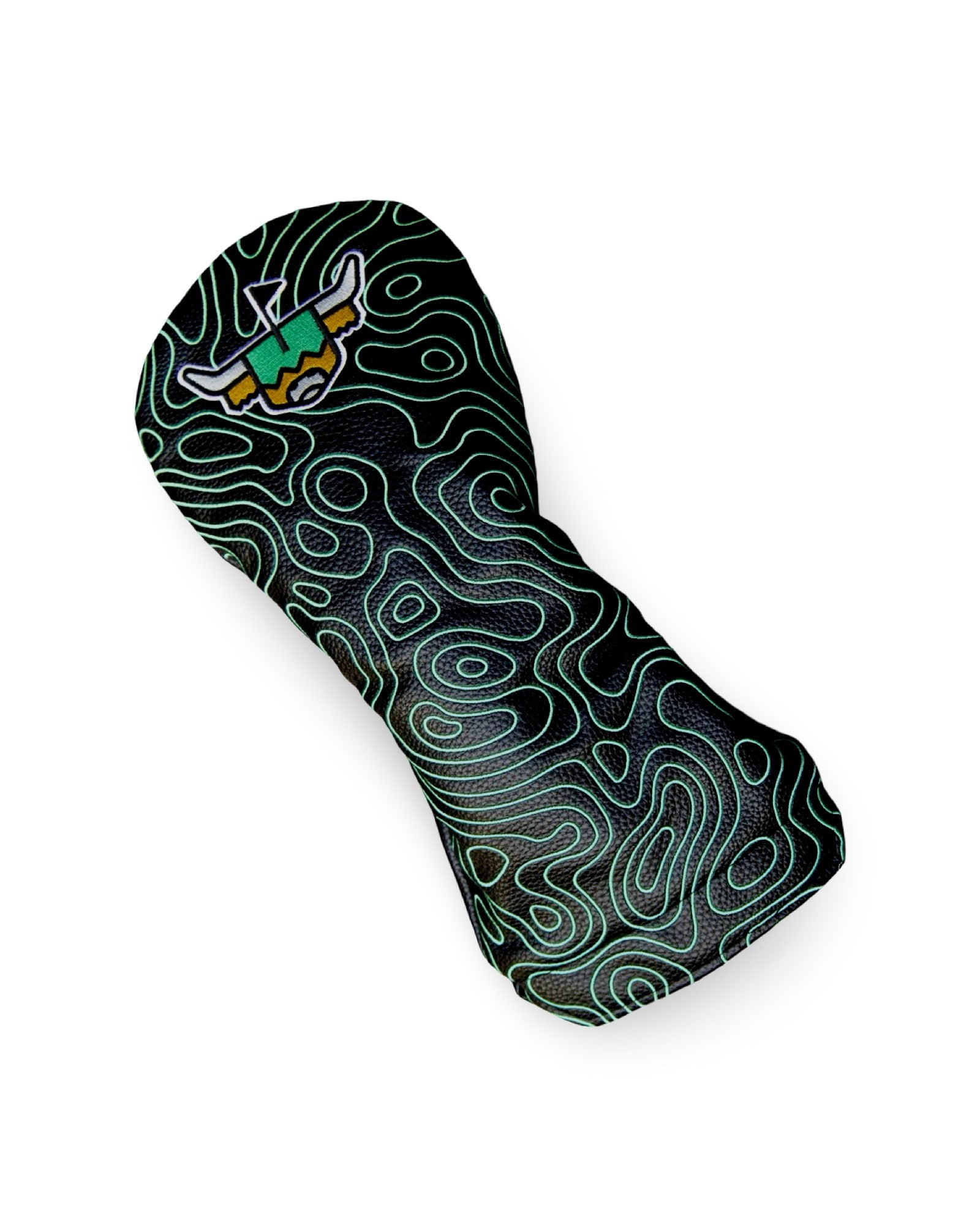 Terrain Driver Headcover – Midnight shown at an angled view featuring black pebbled leather and an embroidered green topographic pattern.