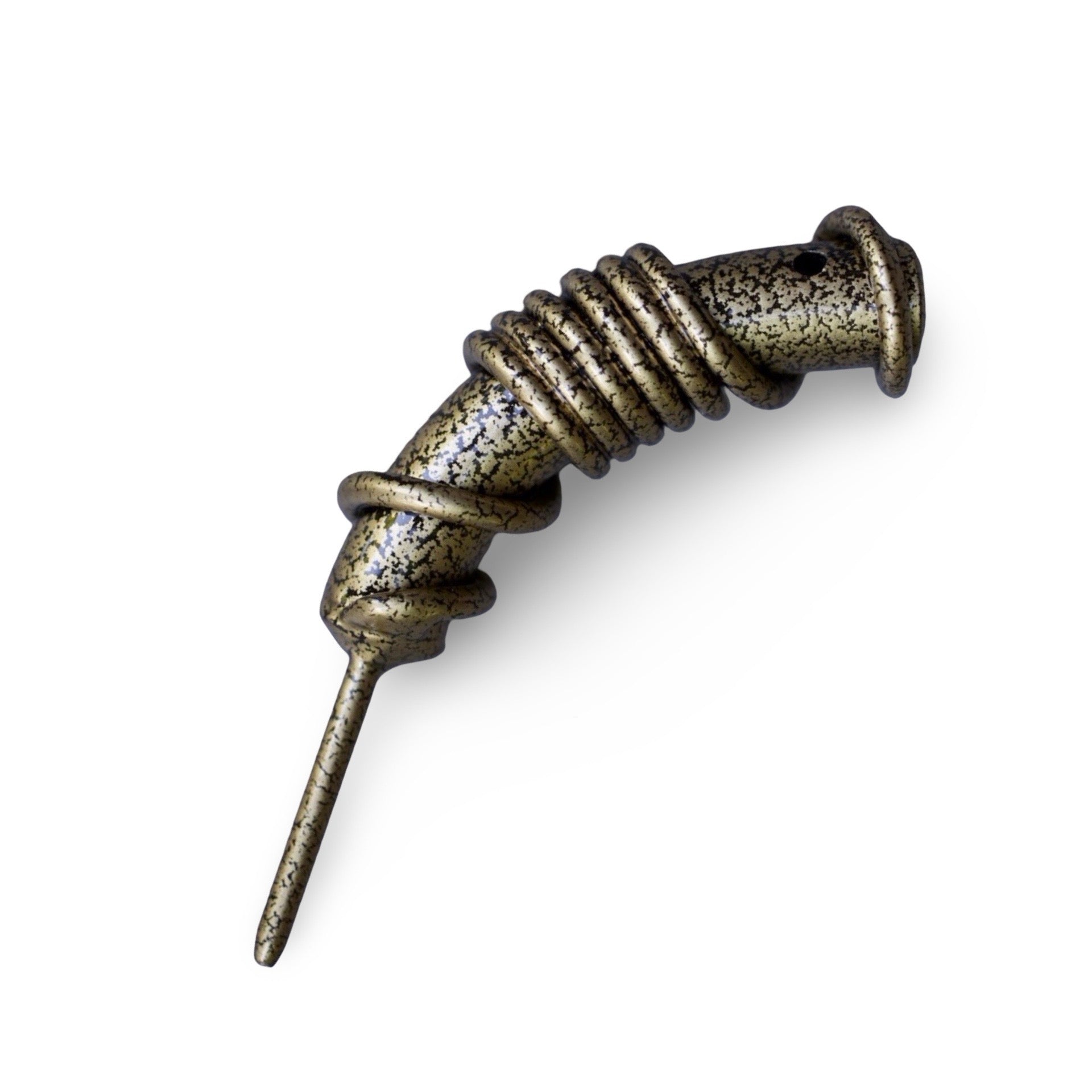 Side angle view of The Coil Forged Gold single prong golf divot tool featuring hand-forged twisted metal detailing and textured industrial finish by Caddy Collective Culture.