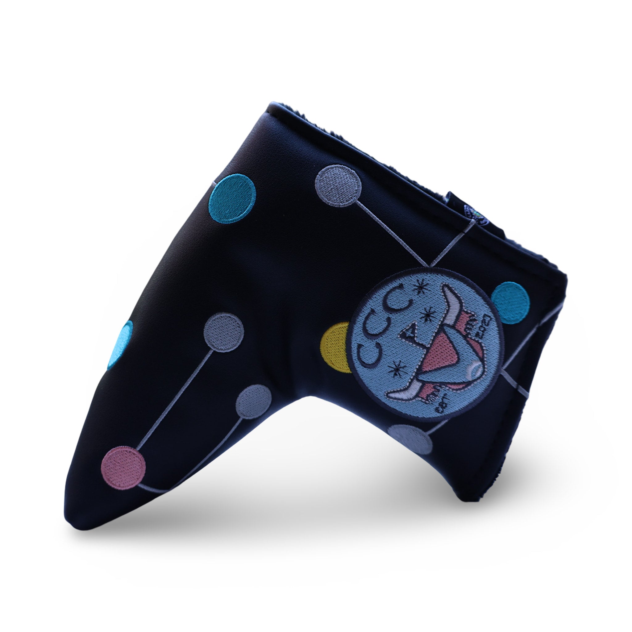 Side angle view of Atomic Era blade putter headcover highlighting embroidered pastel orbit pattern
