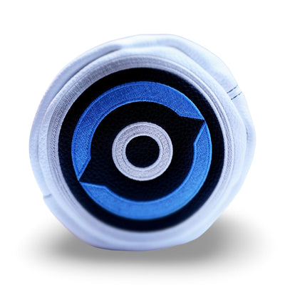 Detailed close-up of the Fore Eye headcover showing embroidery precision and pebble leather texture.
