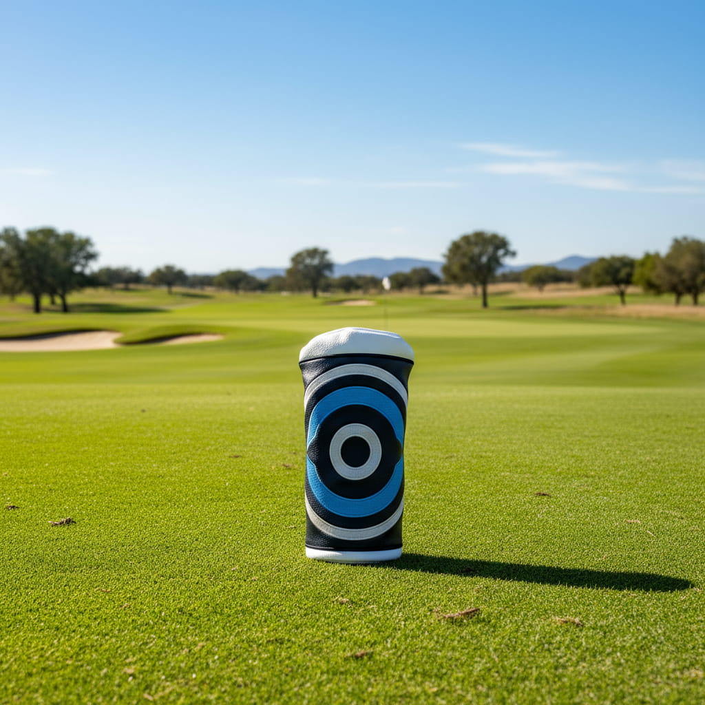 Fore Eye leather driver headcover by Caddy Collective Culture displayed on the fairway under clear blue skies, featuring concentric blue design.
