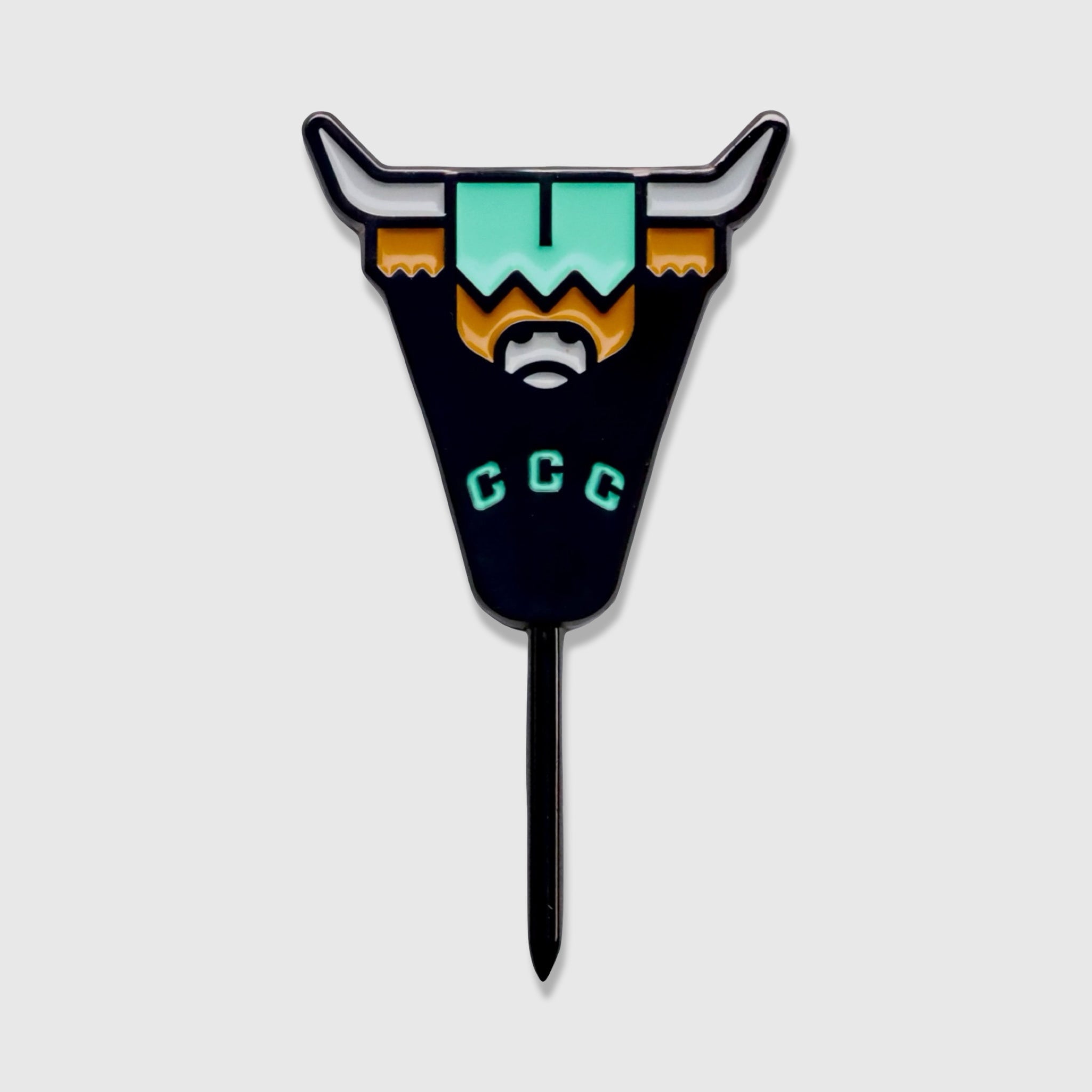 Looper Utility single prong divot tool by Caddy Collective Culture featuring the Highland cattle logo in black, mint, and gold.