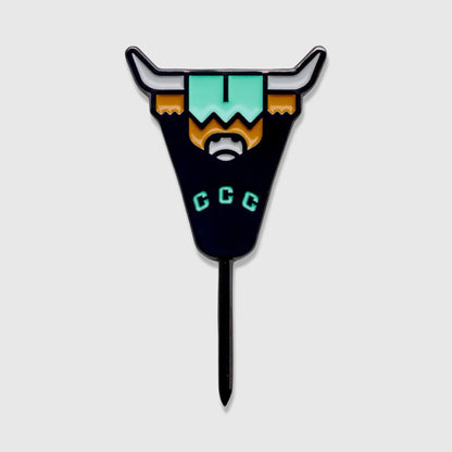 Looper Utility single prong divot tool by Caddy Collective Culture featuring the Highland cattle logo in black, mint, and gold.