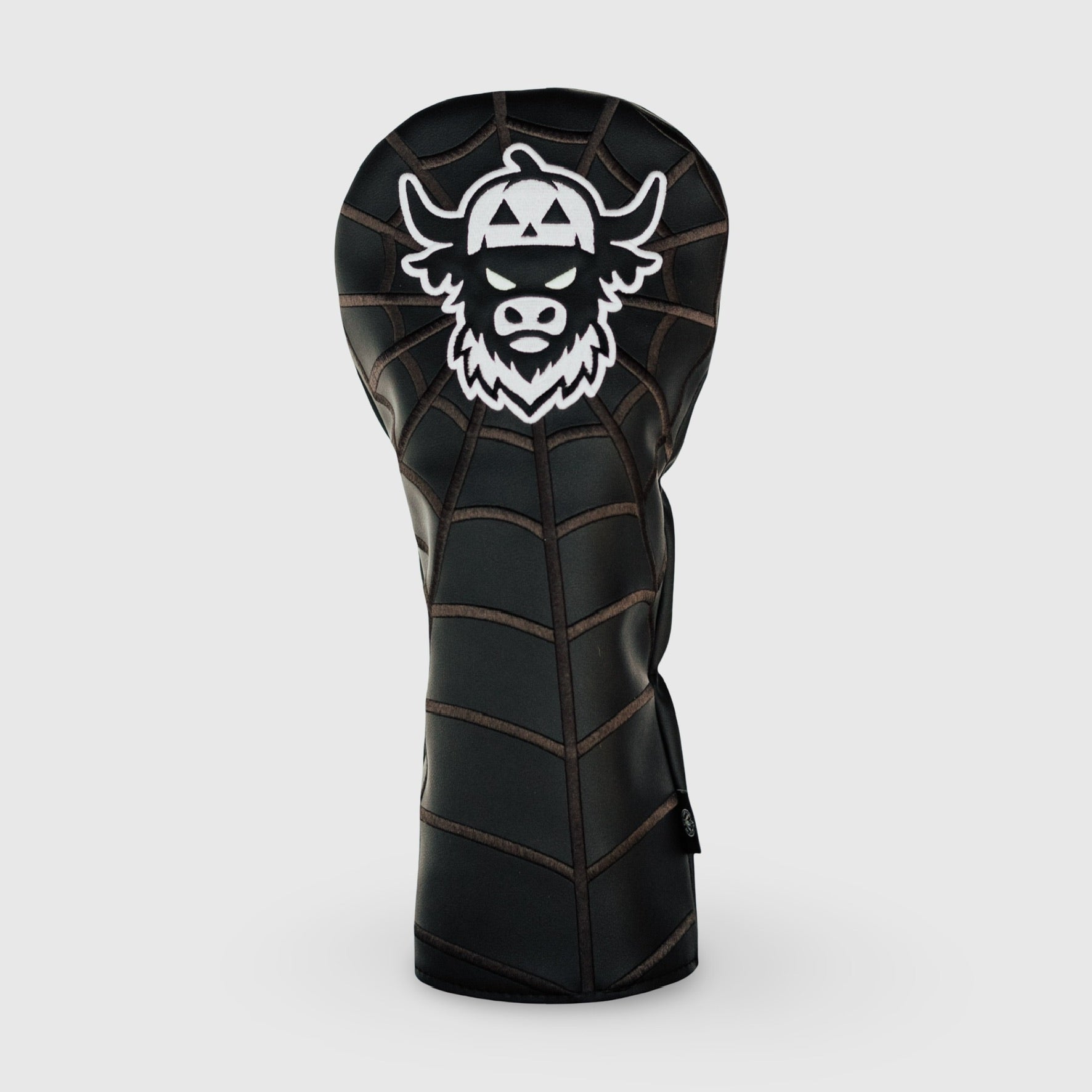 Caddy Collective Culture Looper After Dark Halloween driver headcover featuring black spiderweb design and pumpkin Looper logo on burnt orange background.
