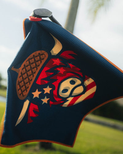 Caddy Collective Culture Oakmont 2025 microfiber golf towel with built in magnet attached on club