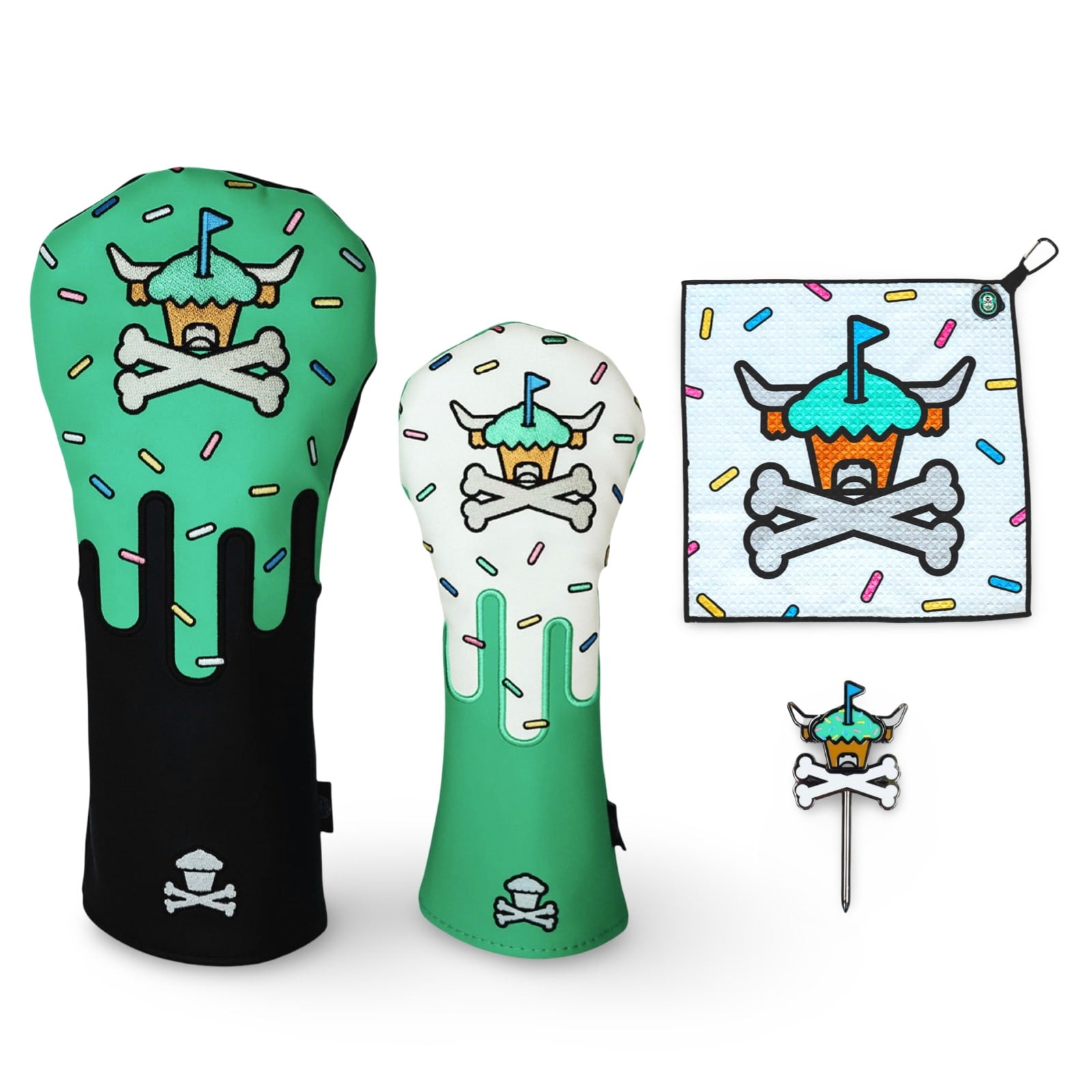 Johnny Cupcakes x Caddy Collective Culture Sweet Spot bundle—choose driver or fairway headcover—plus microfiber towel and divot tool with Looper cupcake-skull