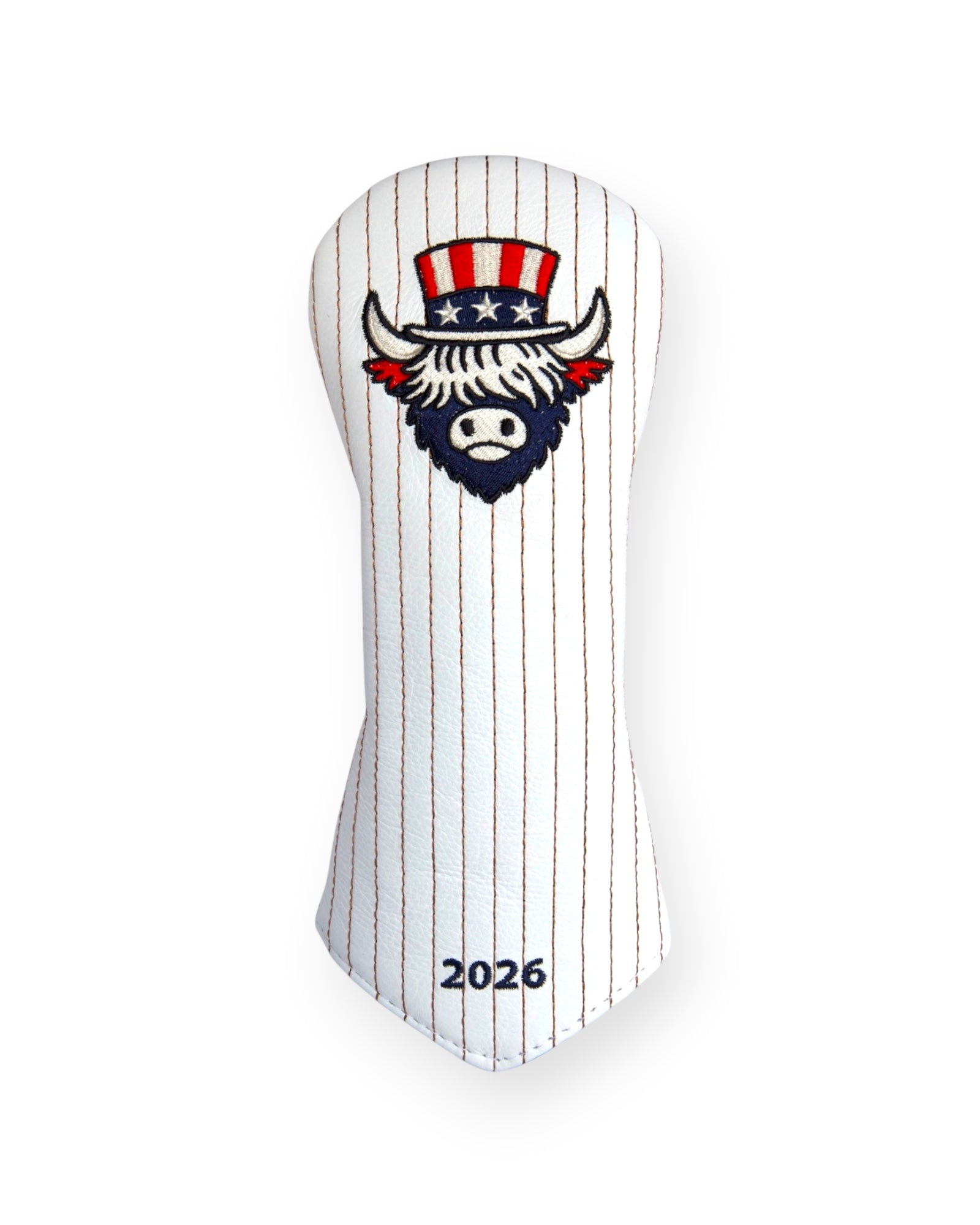 The Founder Fairway Wood golf Headcover from The Founders Collection featuring Uncle Sam Looper embroidery on genuine white leather 