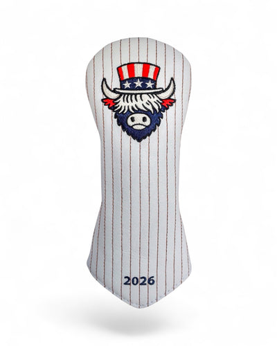 The Founder Fairway Wood golf Headcover from The Founders Collection featuring Uncle Sam Looper embroidery on genuine white leather 
