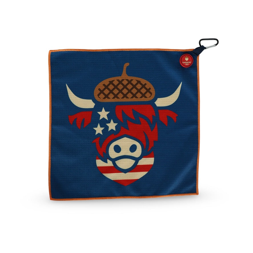 Navy microfiber golf towel with patriotic Looper face, built-in magnet and orange trim – CCC Oak Edition
